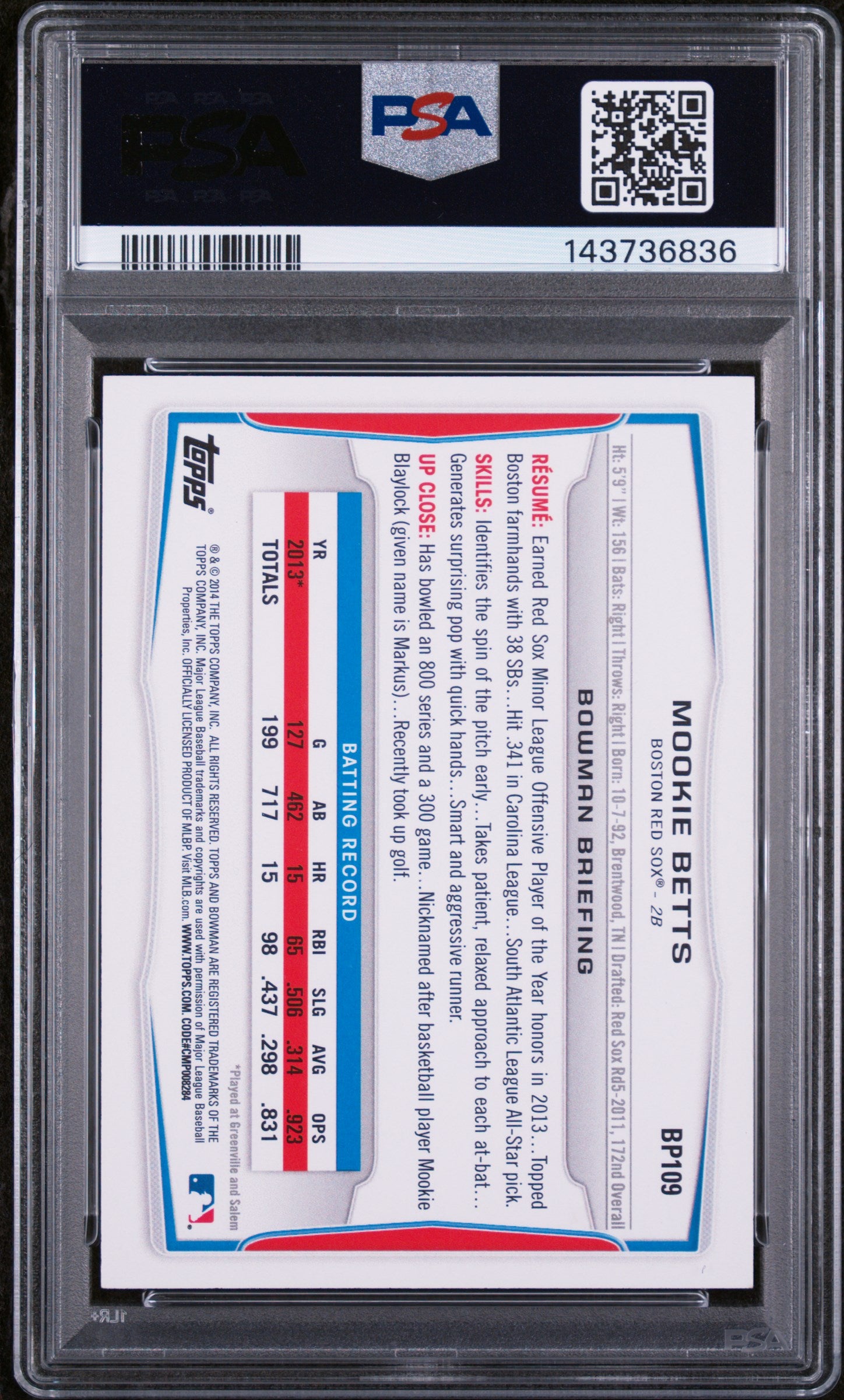 2014 Bowman Prospects Mookie Betts #BP109 PSA 10