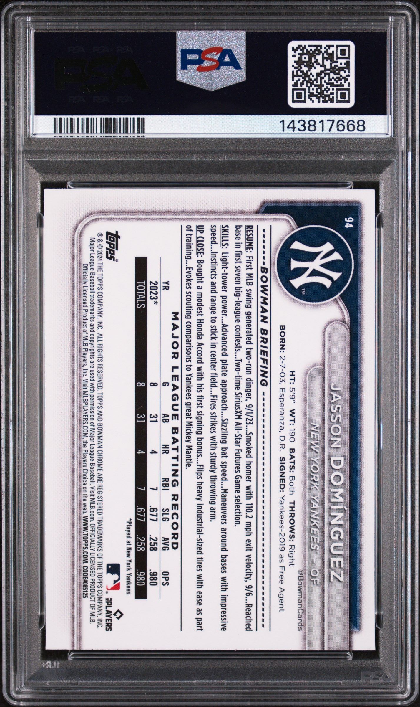 2024 Bowman Chrome SP Jasson Dominguez #94 PSA 9
