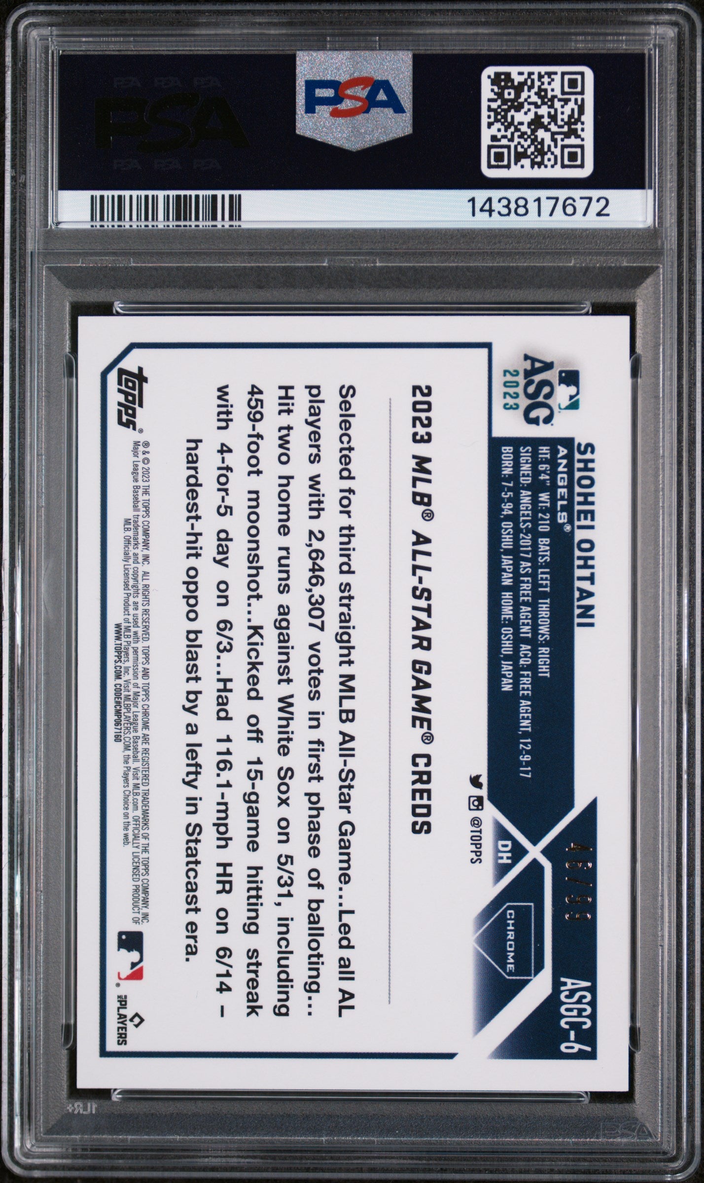 2023 Topps Chrome Update 2023 All-Star Game Green Shohei Ohtani #6 /99 PSA 10