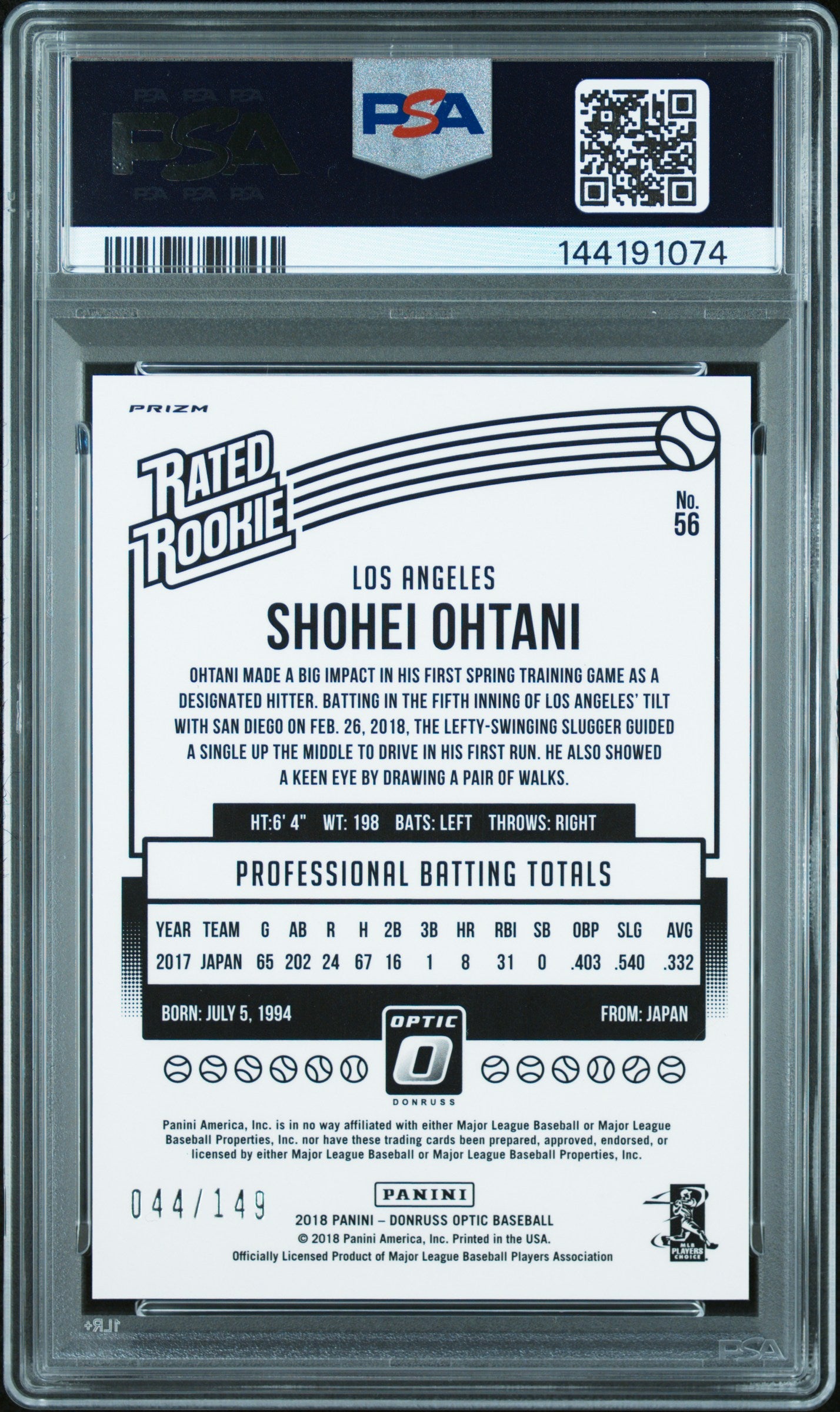 2018 Donruss Optic Rated Rookie Batting Blue Shohei Ohtani #56 /149 PSA 10