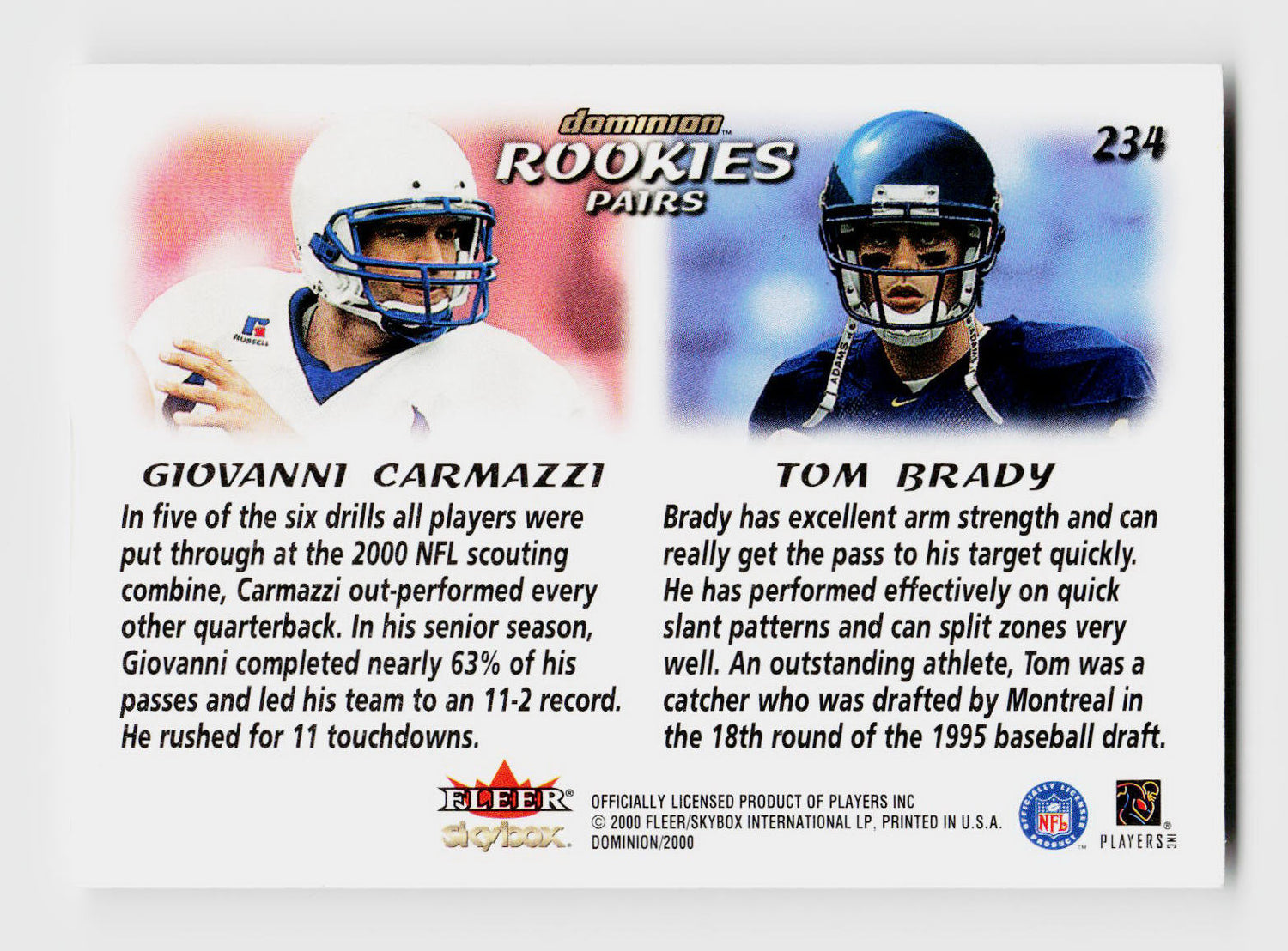 2000 SkyBox Dominion #234 Tom Brady Rookie Pairs RC Giovanni Carmazzi