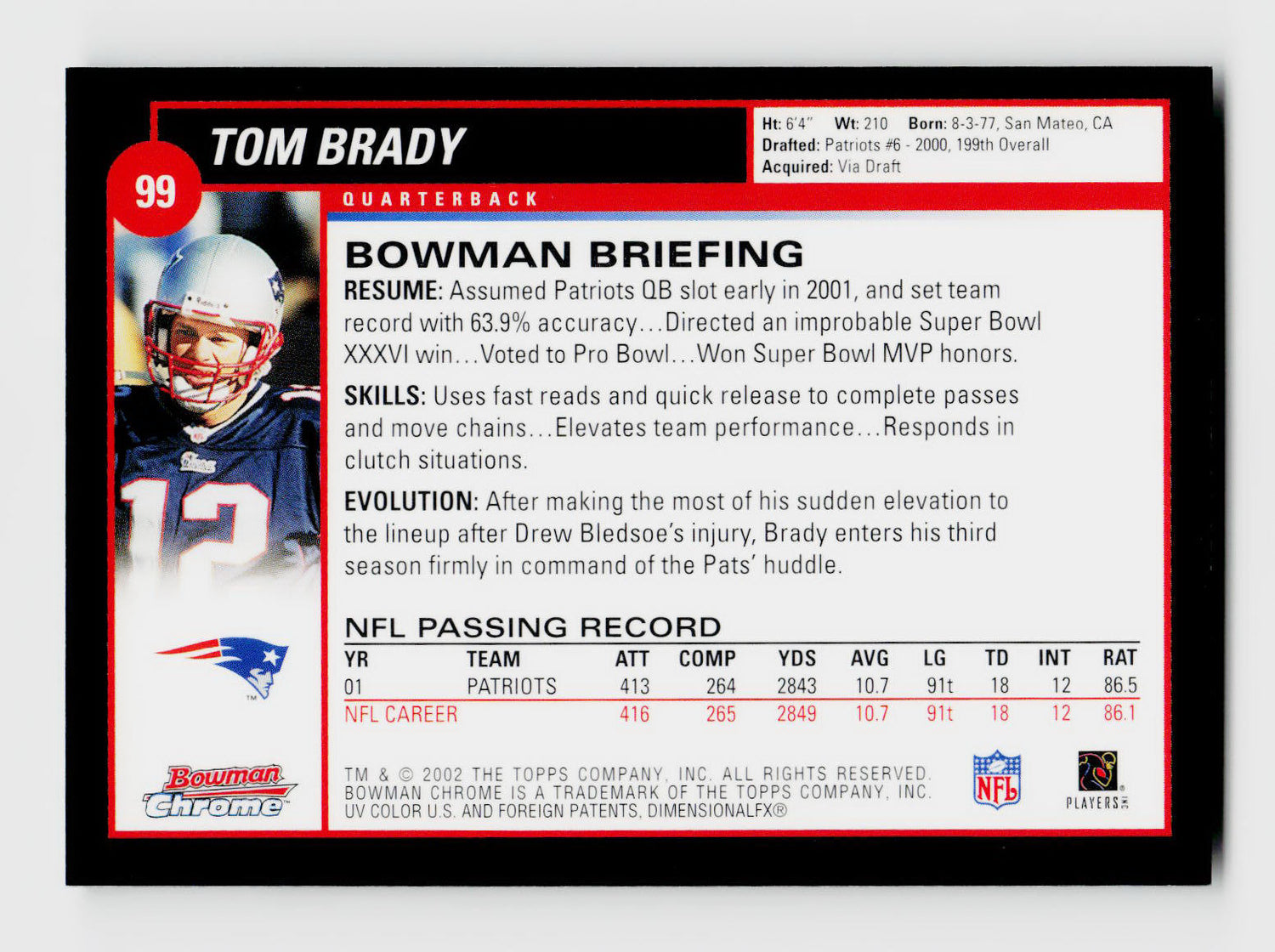 2002 Bowman Chrome #99 Tom Brady