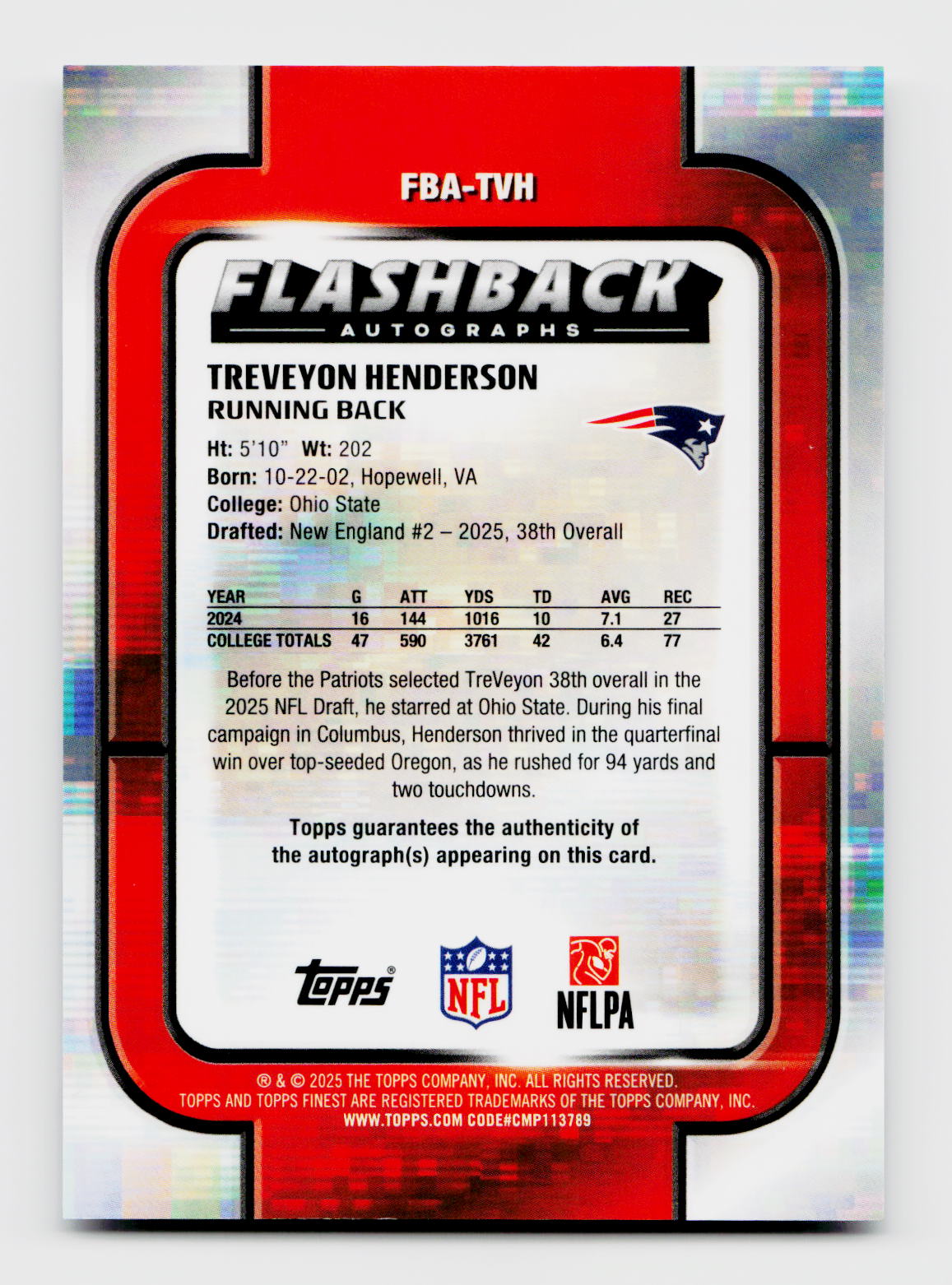 2025 Topps Finest TreVeyon Henderson Flashback Rookie RC Auto