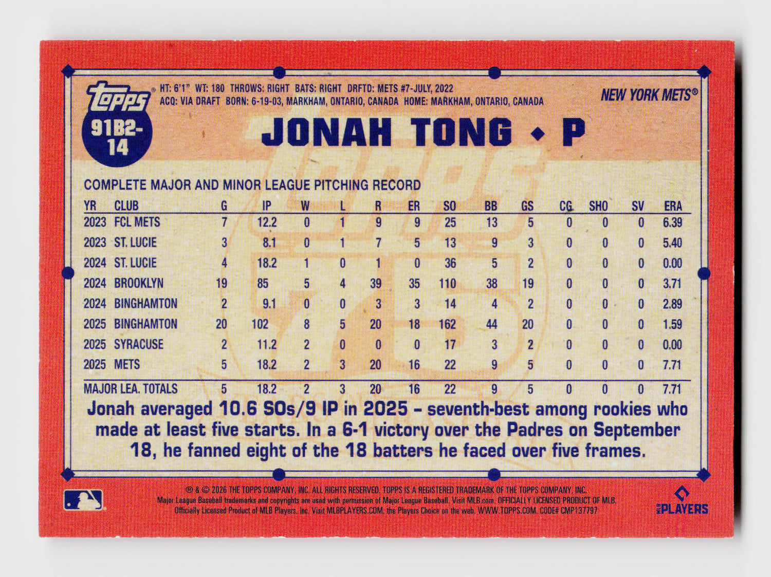 2026 Topps Series Two 1991 All-Star Game Orange /25 Jonah Tong Rookie RC