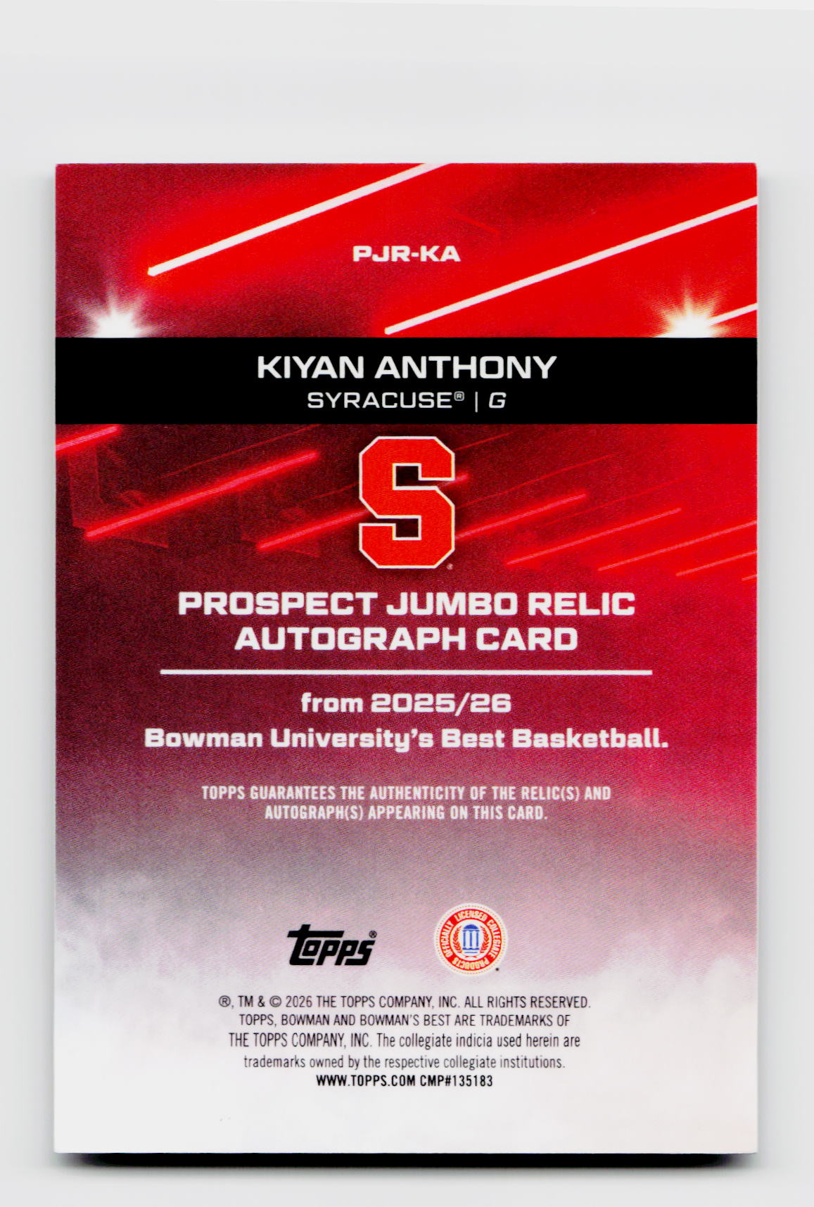 2025 Bowman U Best Kiyan Anthony Jumbo Relic Player-Worn Black Auto /10