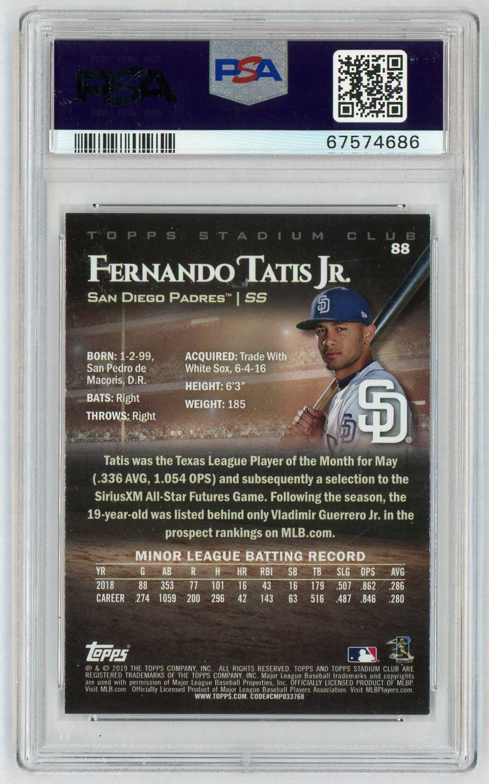 2019 Stadium Club Throwing Fernando Tatis Jr. #88 PSA 9