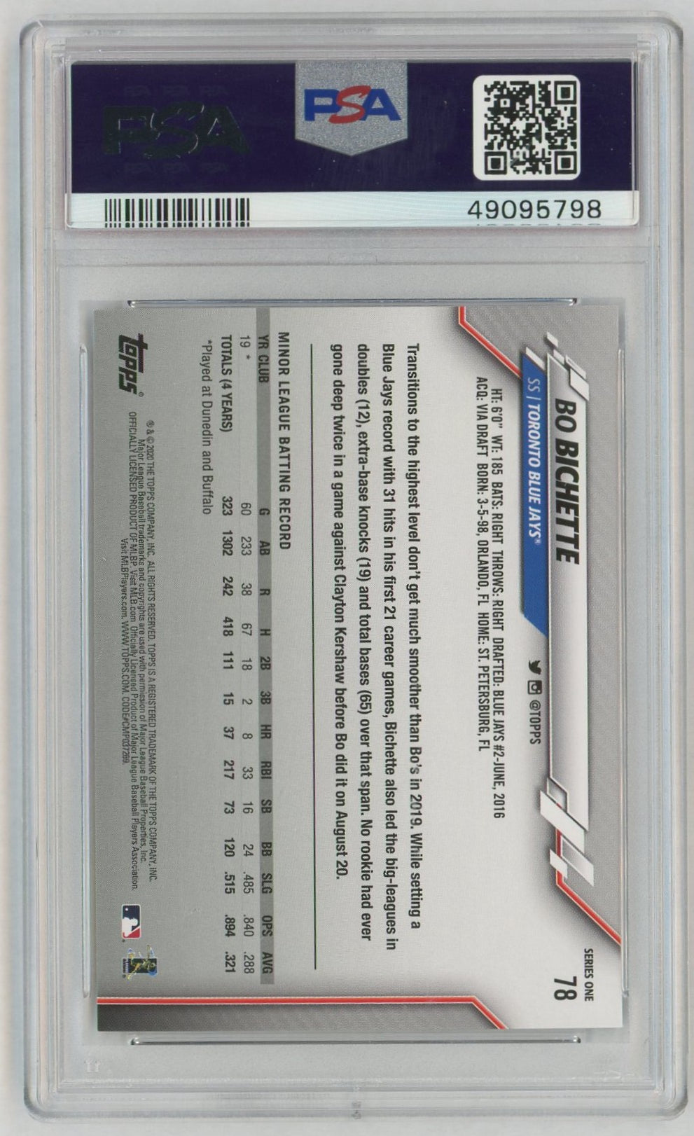 2020 Topps Bo Bichette #78 PSA 10