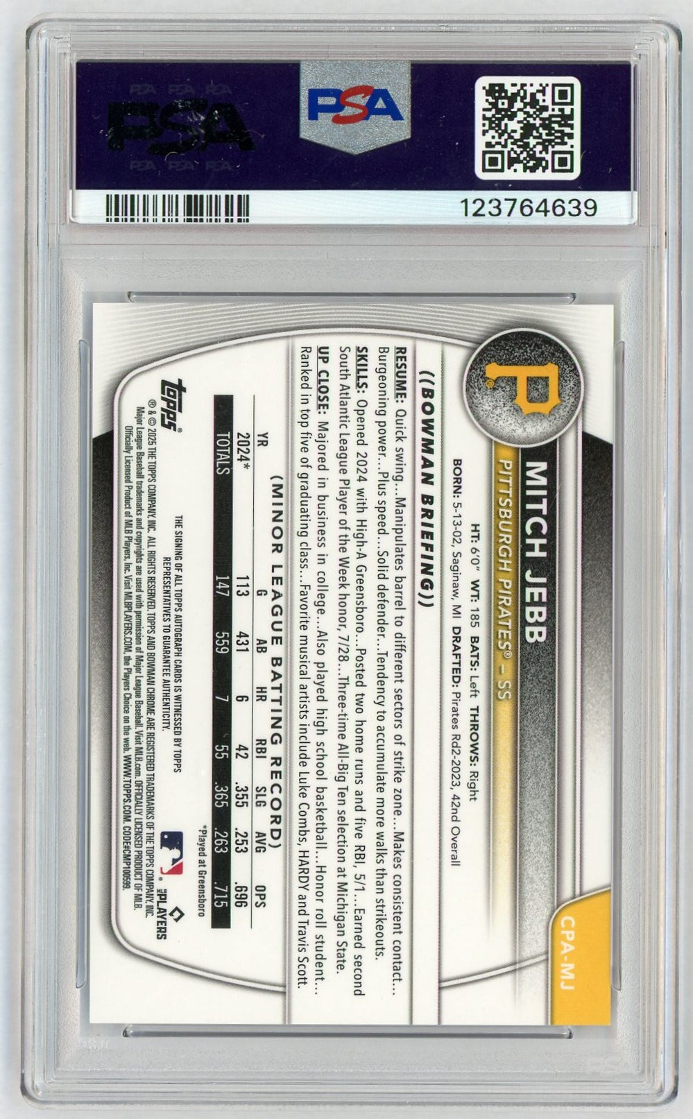 2025 Bowman Chrome Prospects Autographs Mitch Jebb #CPA-MJ PSA 9