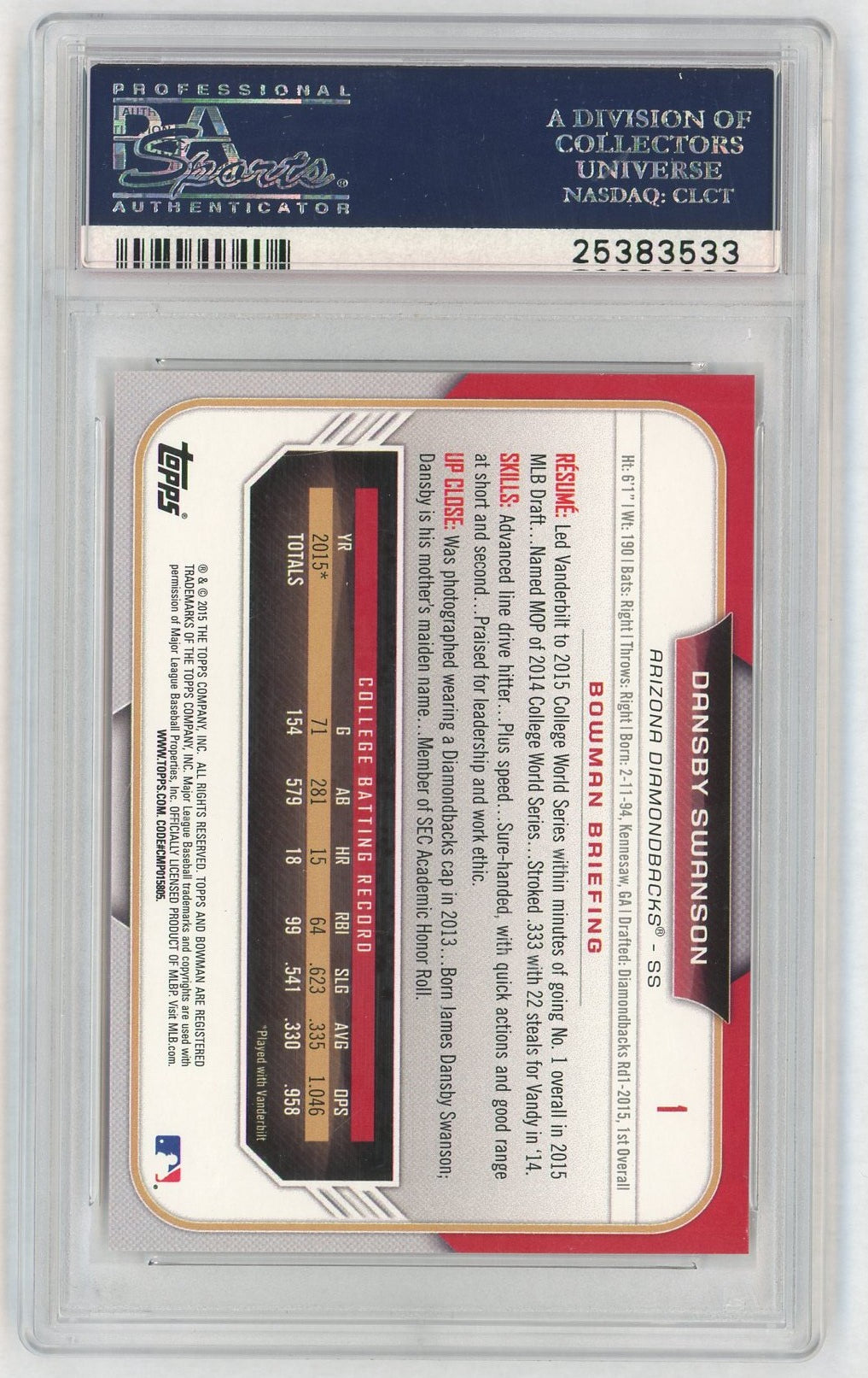 2015 Bowman Draft Dansby Swanson #1 PSA 9