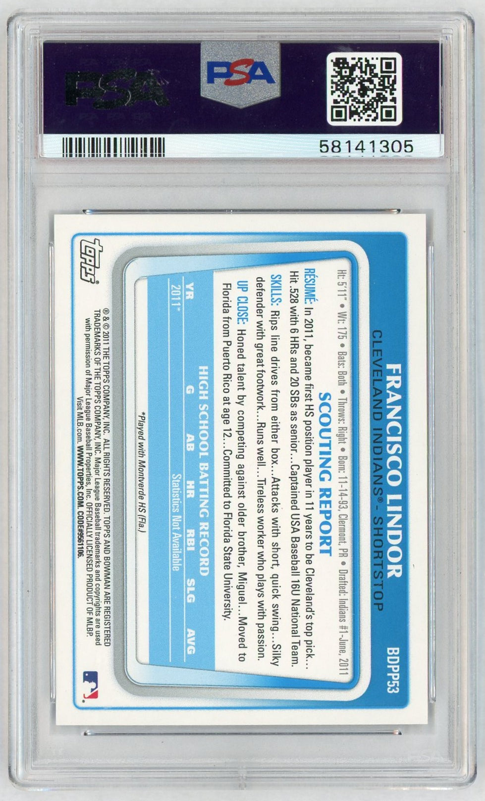 2011 Bowman Draft Picks and Prospects Francisco Lindor #BDPP53 PSA 8