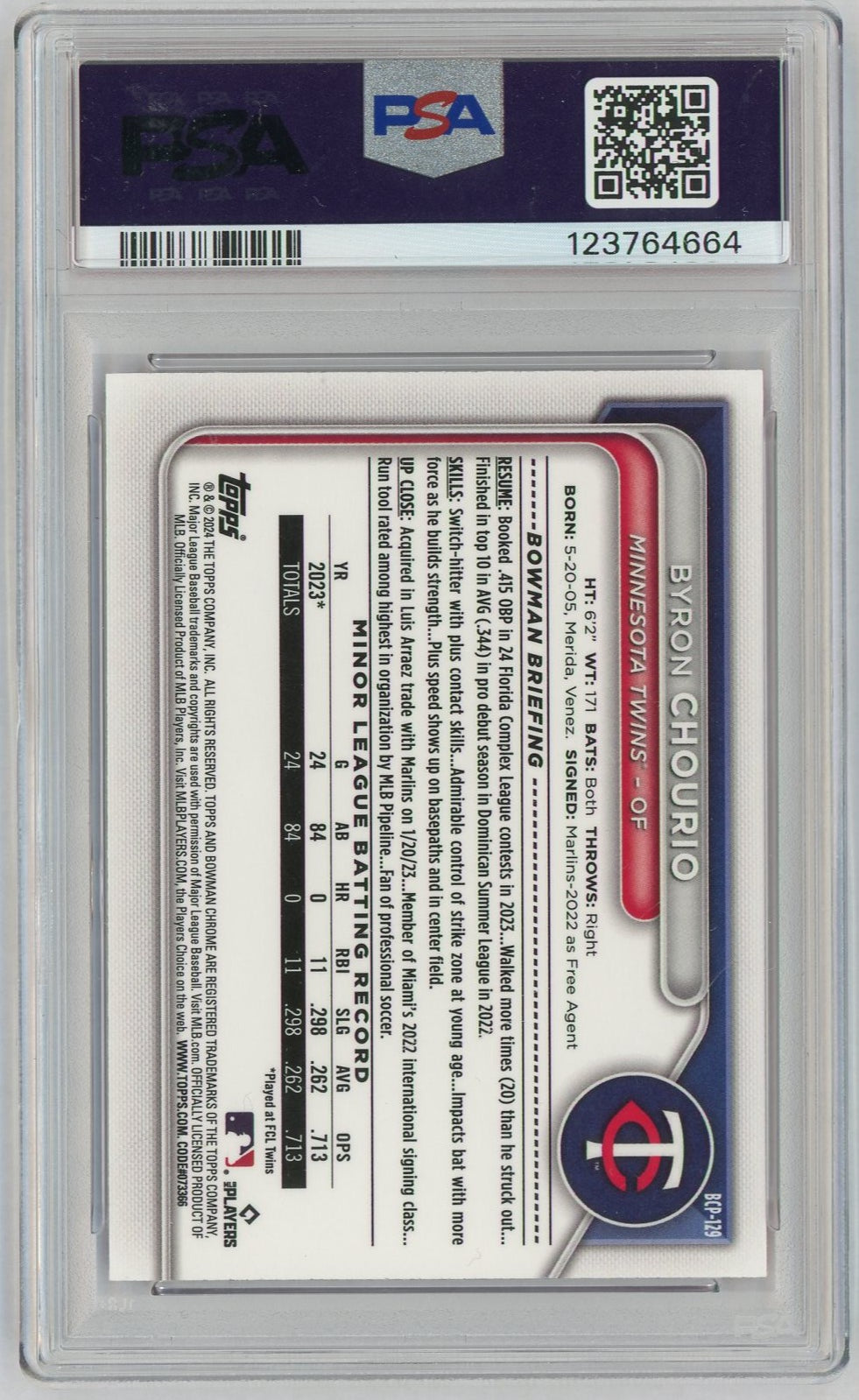 2024 Bowman Mega Box Chrome Prospects Chrome-Prospects-Pink Ref Byron Chourio #129 PSA 10