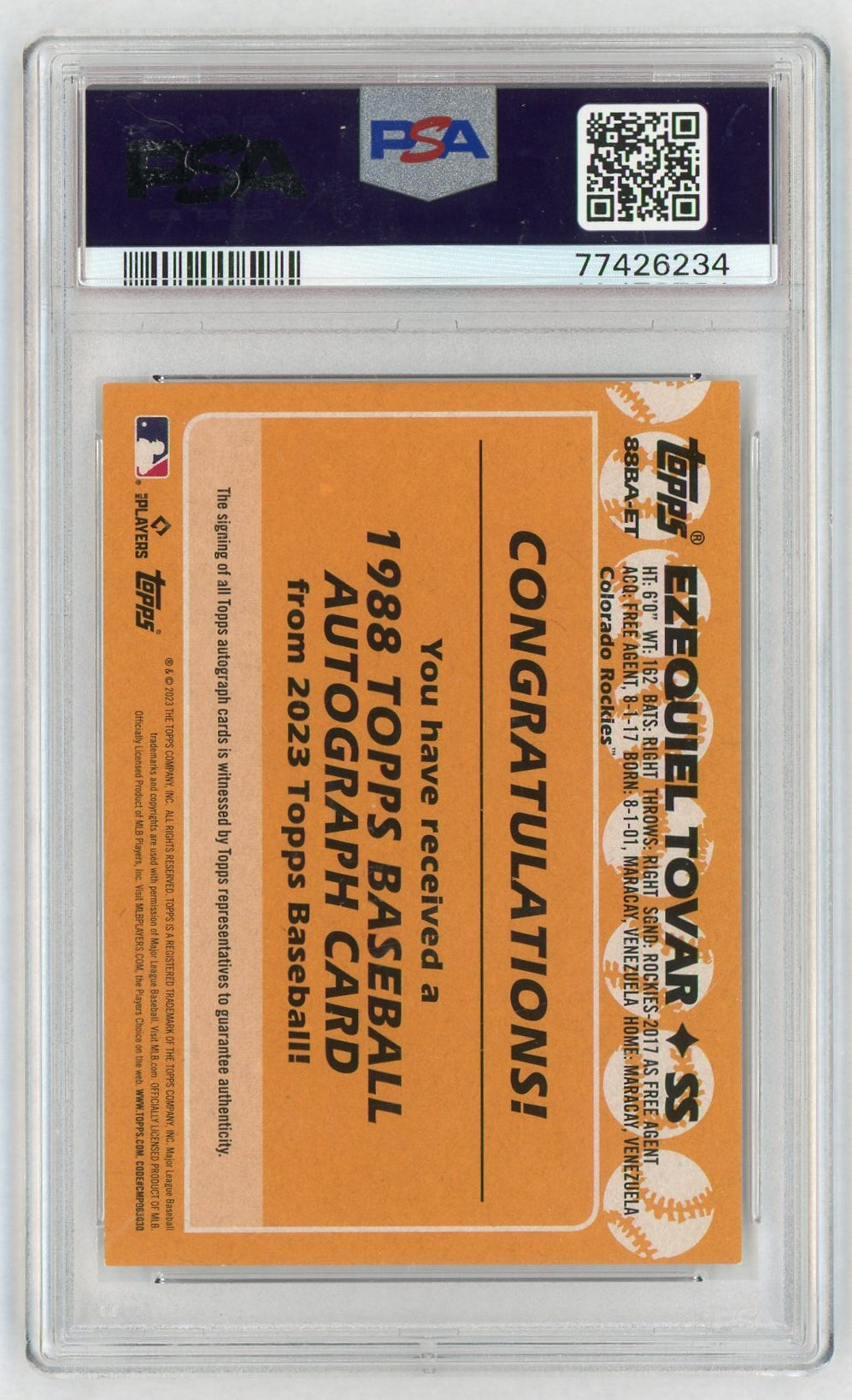 2023 Topps 1988 Topps Baseball Autographs Series 2 Ezequiel Tovar #88BAET PSA 9