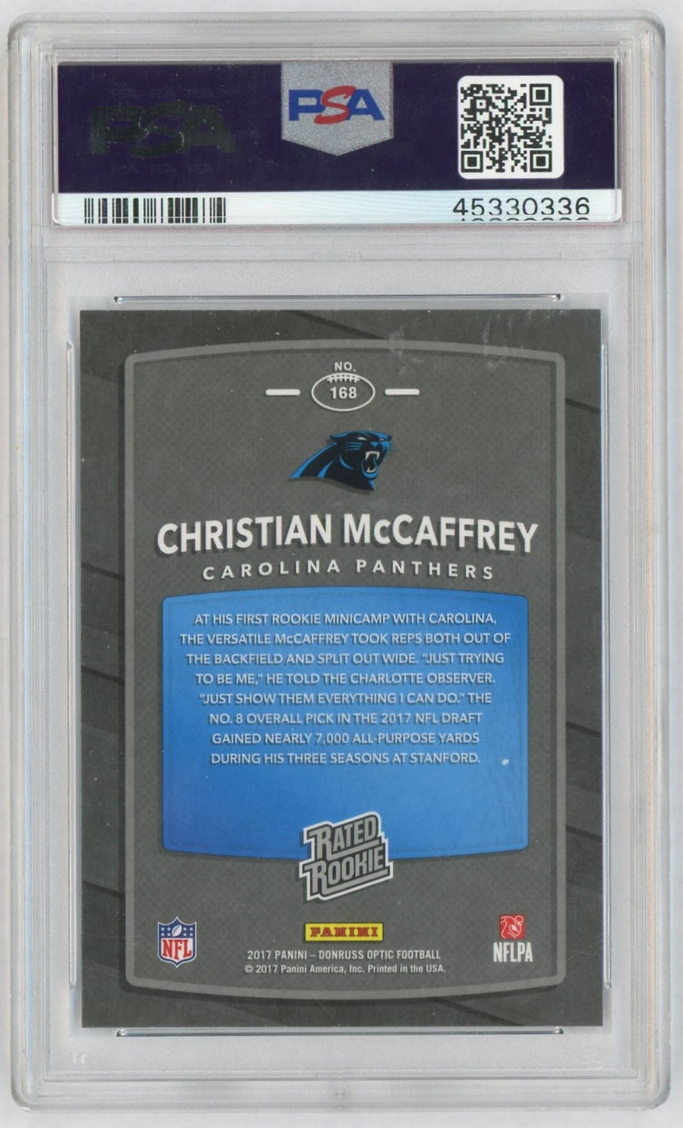 2017 Donruss Optic Rated Rookie Christian Mccaffrey #168 PSA 9