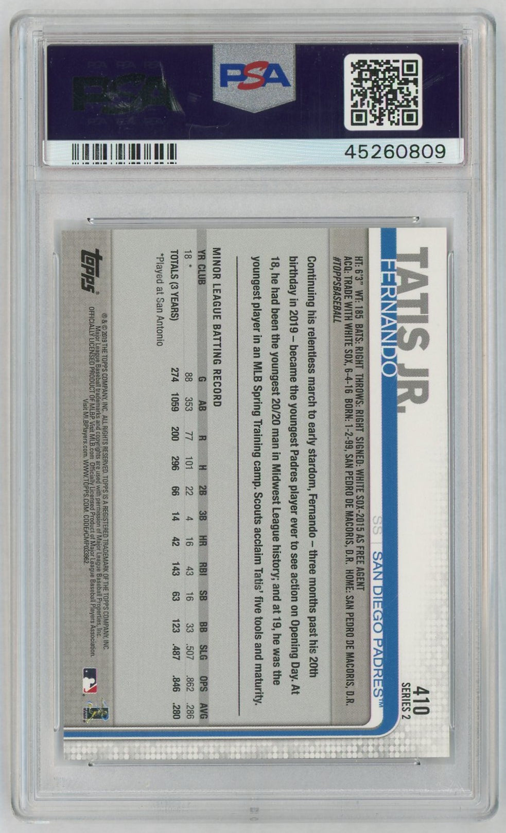 2019 Topps Fernando Tatis Jr. #410 PSA 10