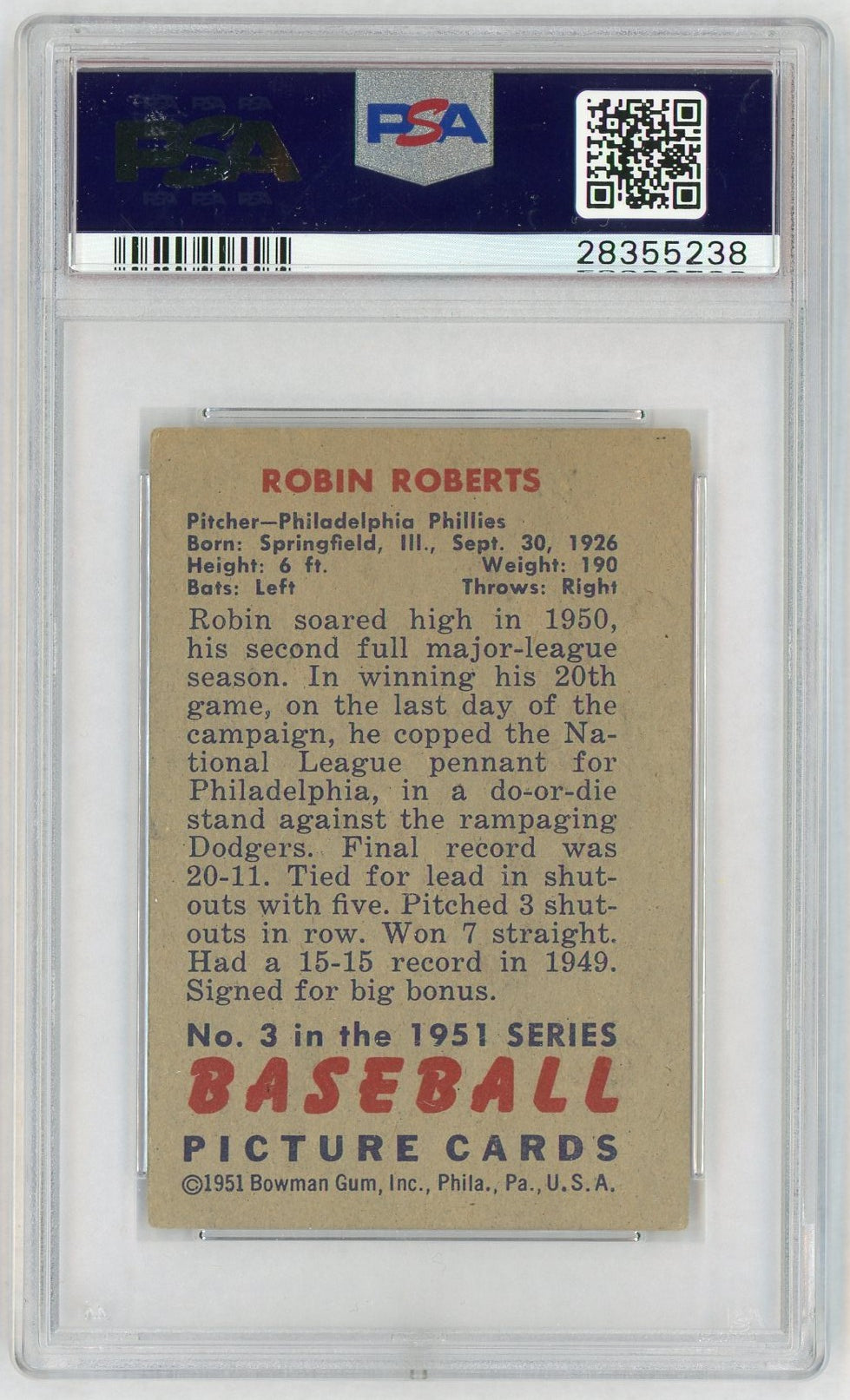 1951 Bowman Robin Roberts #3 PSA 4