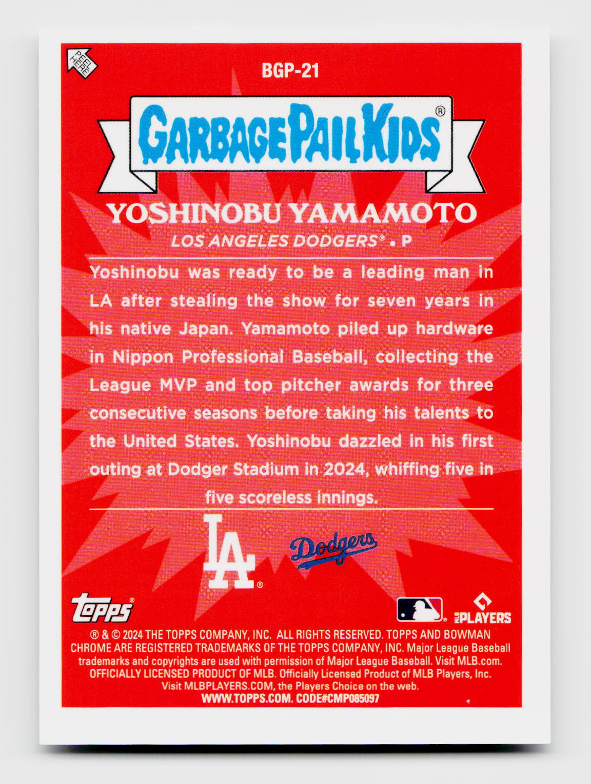 2024 Topps GPK #BGP-21 Dodging Yoshinobu Yamamoto Mega Box Mojo SSP Rookie RC