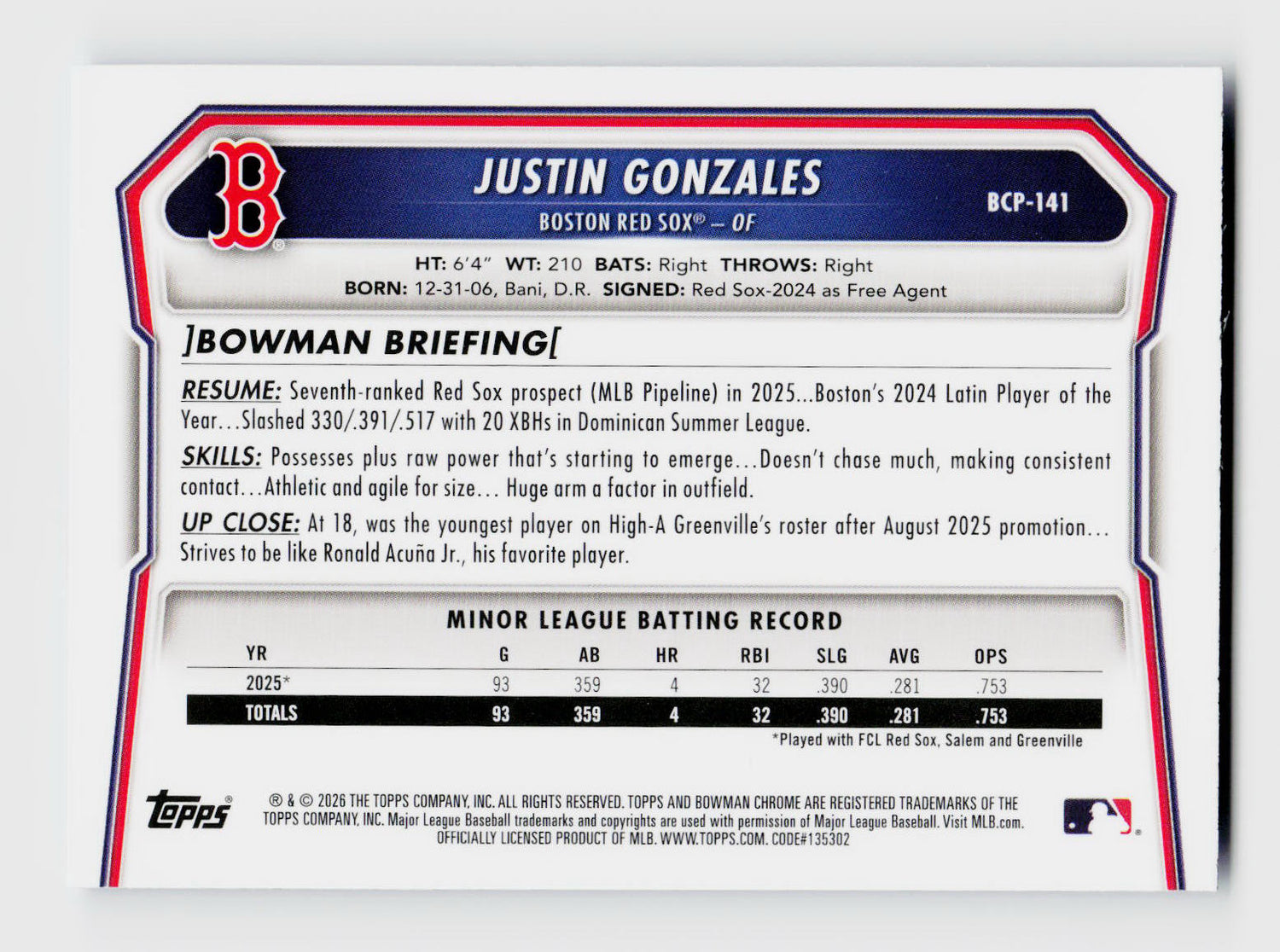 2026 Bowman Chrome Justin Gonzales 1st True Blue Refractor /150