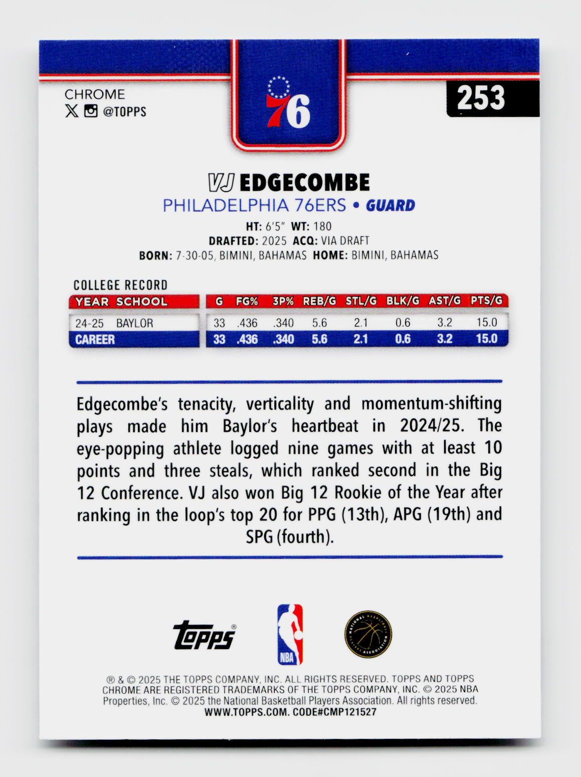 2025 Topps Chrome 253 VJ Edgecombe