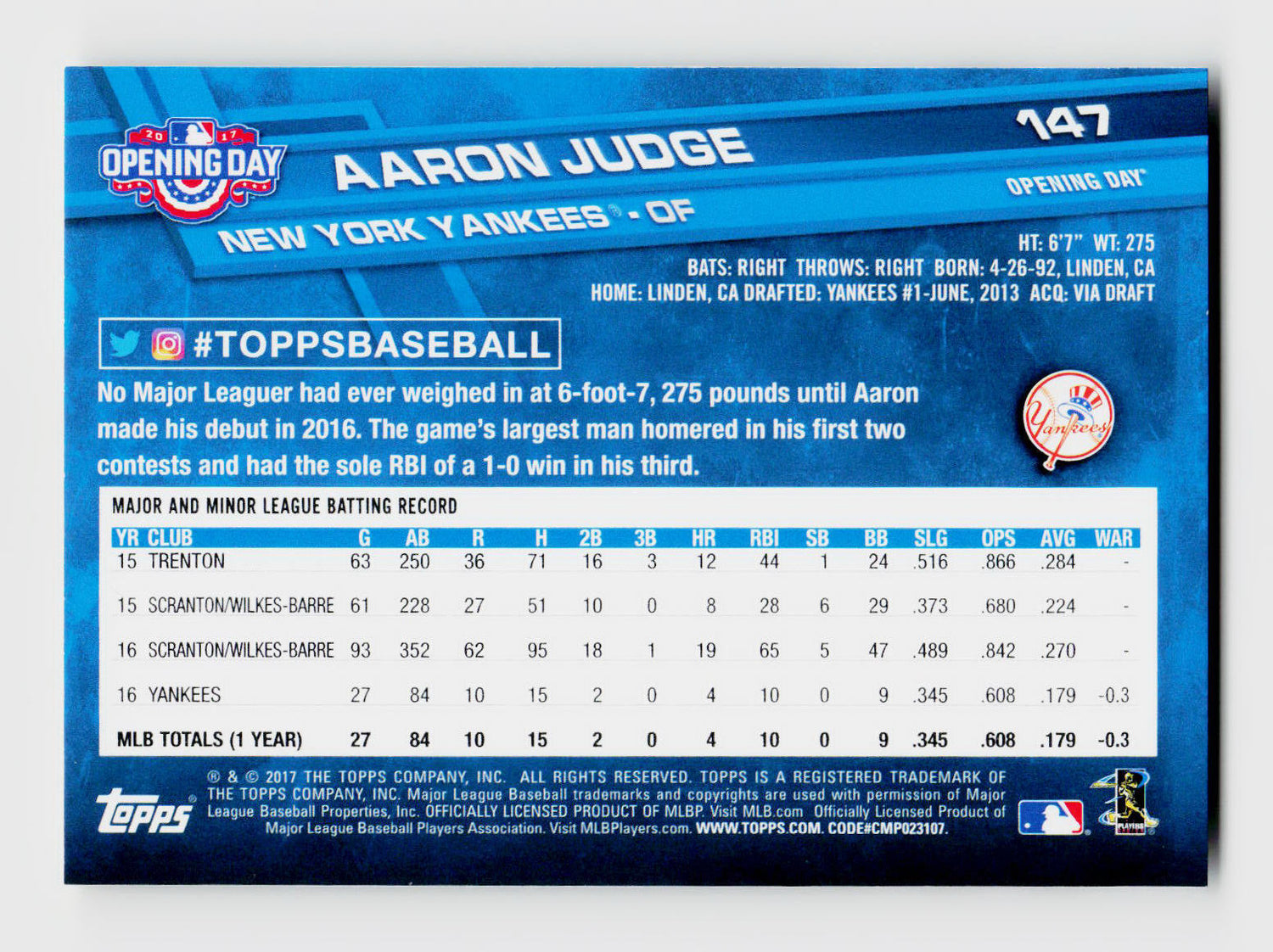 2017 Topps Opening Day #147 Aaron Judge Rookie RC