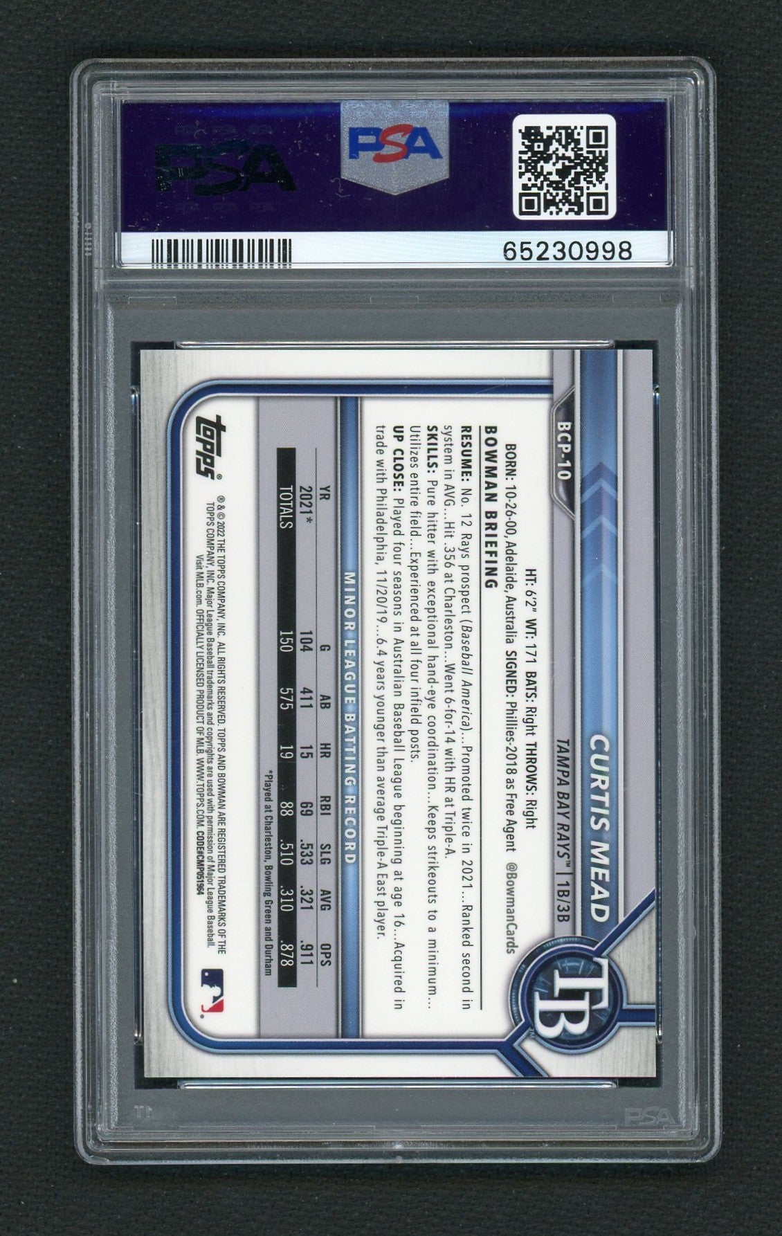 2022 Bowman Chrome Sapphire Prospect Aqua Refractor Curtis Mead #BCP10 /55 PSA 10