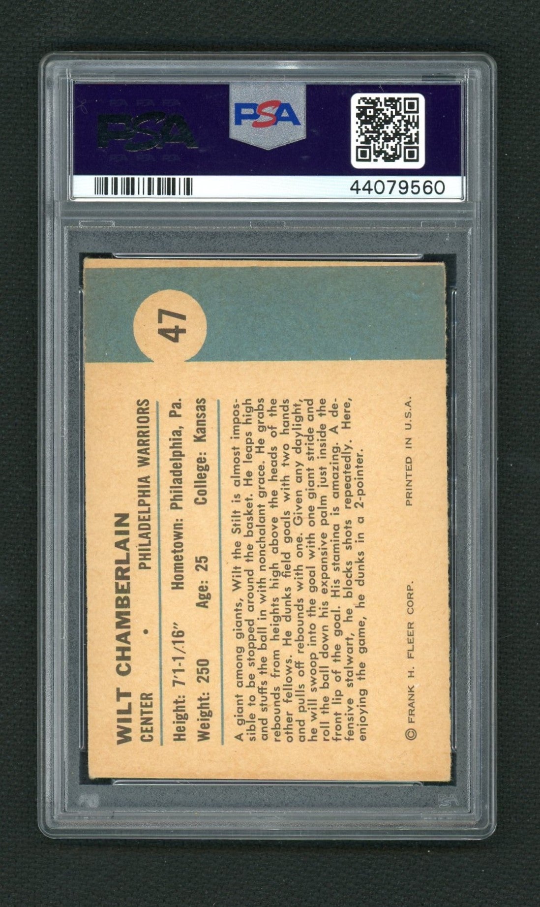 1961 Fleer Dunks A 2 Pointer Wilt Chamberlain #47 PSA 4