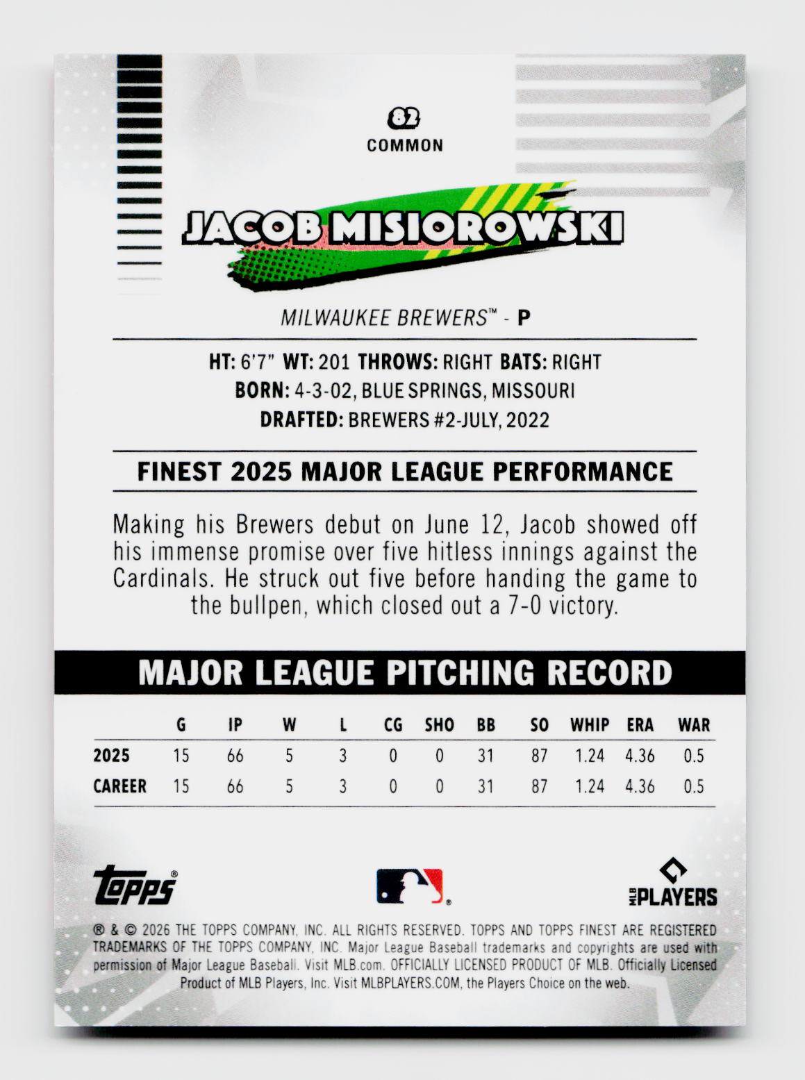 2025 Finest #82 Jacob Misiorowski Rookie RC Orange X-Fractor /25
