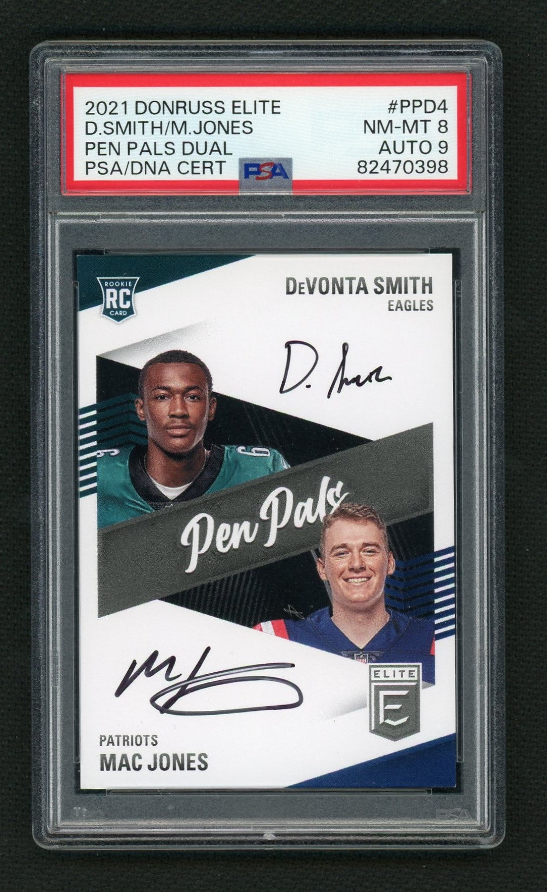 2021 Panini Donruss Elite Pen Pals Dual Devonta Smith/Mac Jones #PPD4 PSA 8