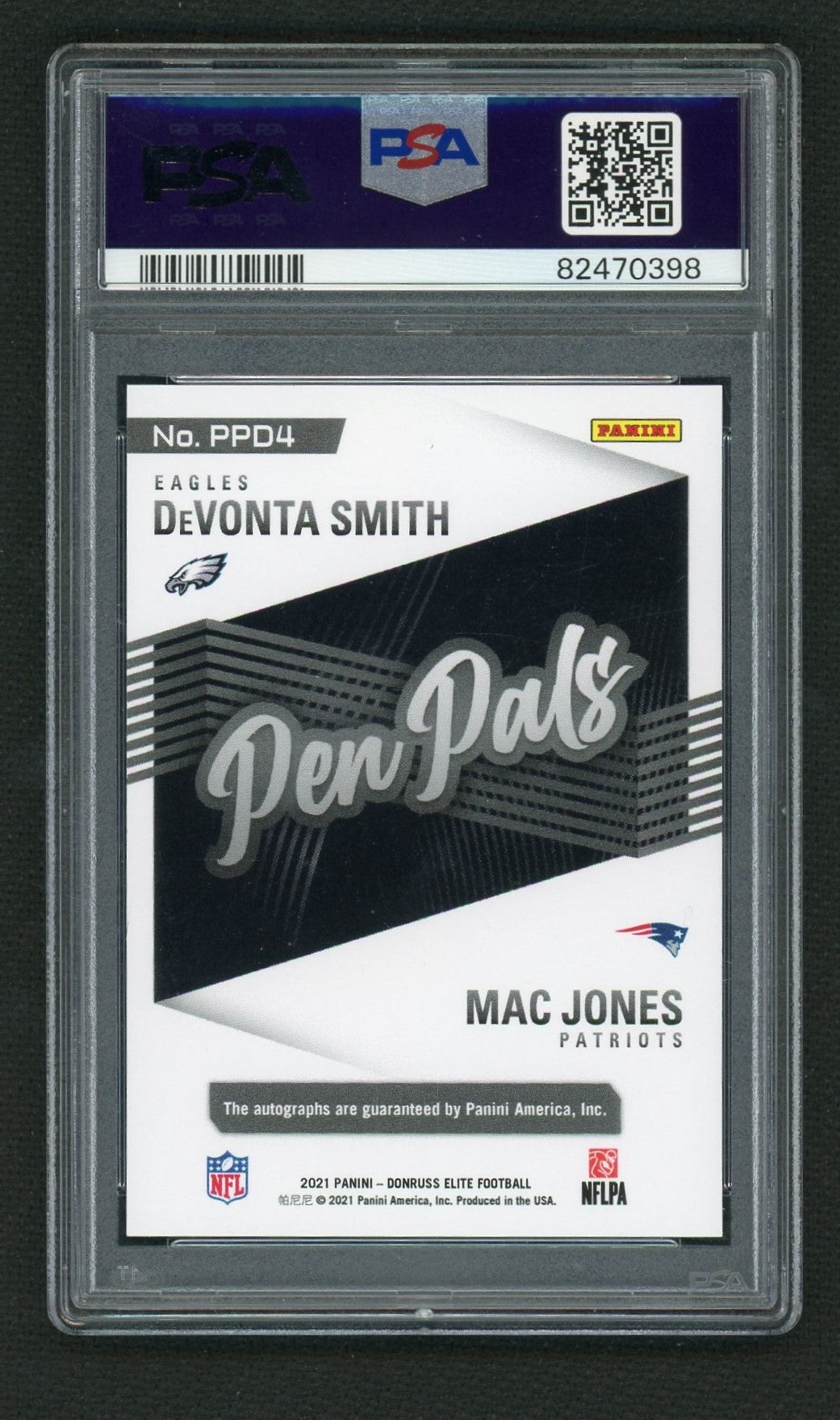 2021 Panini Donruss Elite Pen Pals Dual Devonta Smith/Mac Jones #PPD4 PSA 8