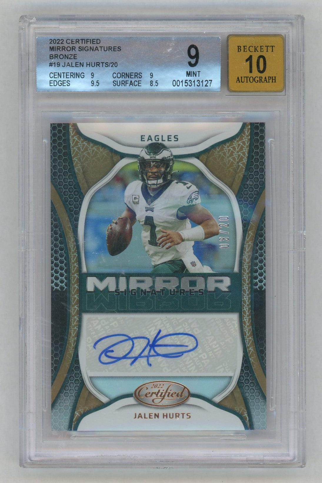 2022 Certified #MS-JH Jalen Hurts Mirror Signature Auto Bronze /20 BGS 9