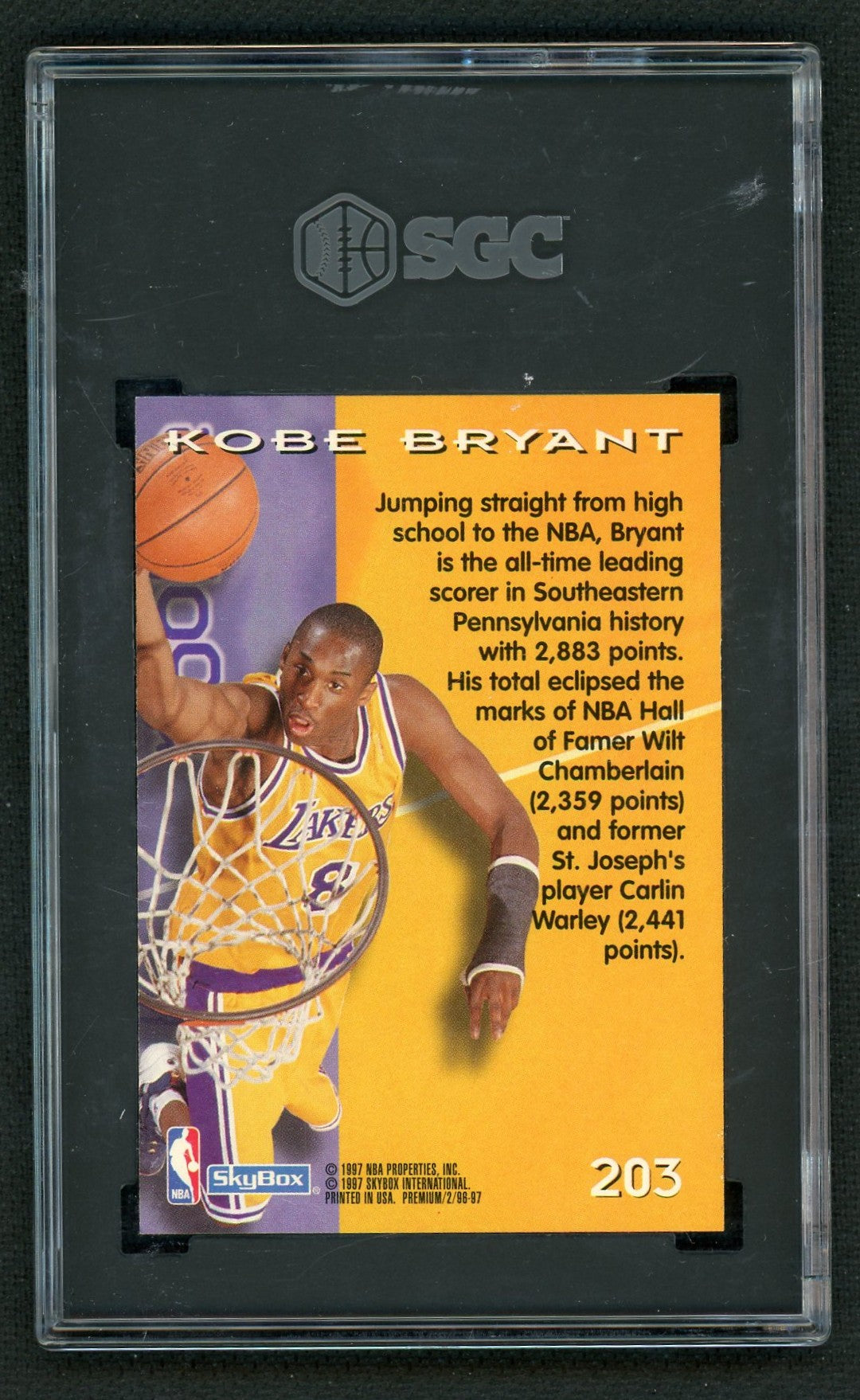 1996 SkyBox Premium #203 Kobe Bryant Rookie RC SGC 10