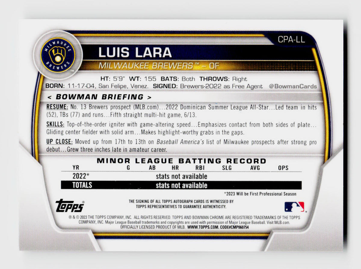 2023 Bowman Chrome #CPA-LL Luis Lara 1st Rookie RC Auto