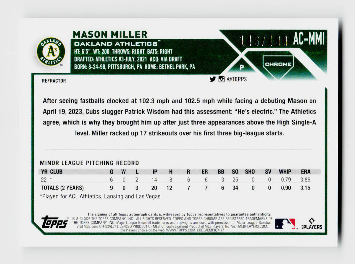 2023 Topps Chrome #AC-MMI Mason Miller Rookie RC Refractor Auto /499