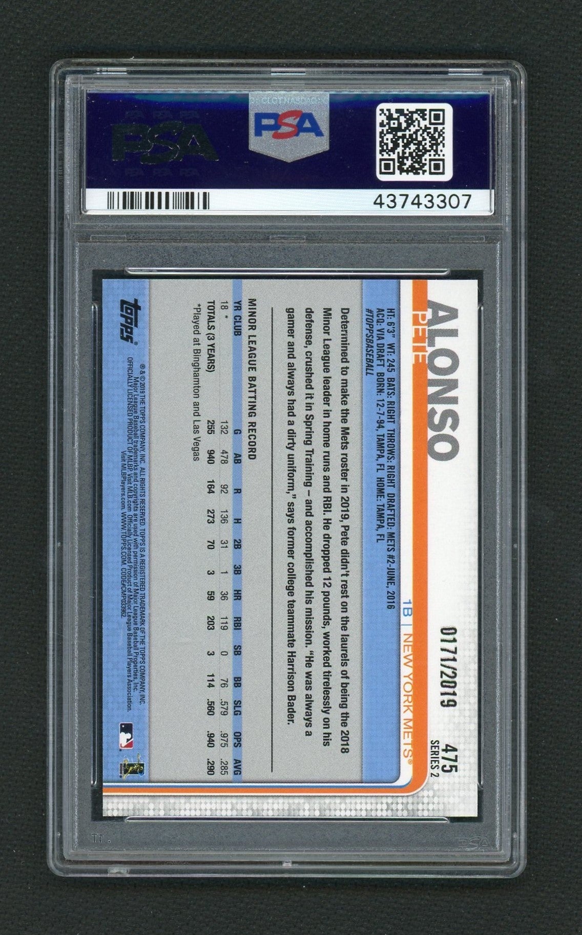 2019 Topps Gold Border Pete Alonso #475 /2019 PSA 10