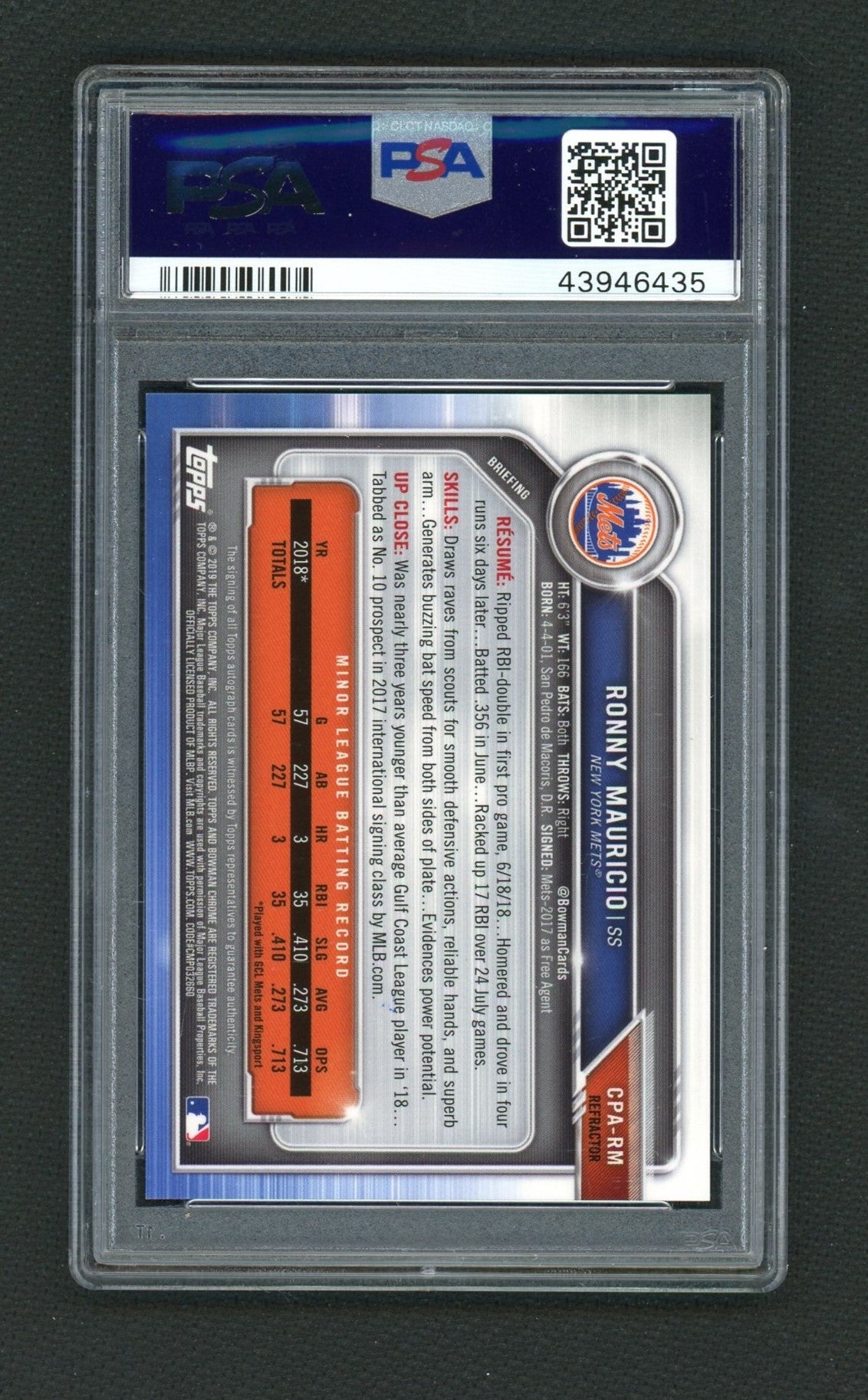 2019 Bowman Chrome Prospect Autograph Refractor Ronny Mauricio #CPARM /499 PSA 10