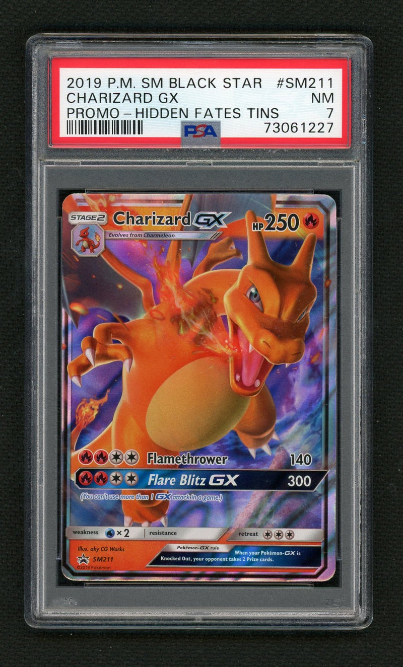 2019 Pokemon Sun and Moon Black Star Promo Hidden Fates Tins Charizard Gx #SM211 PSA 7
