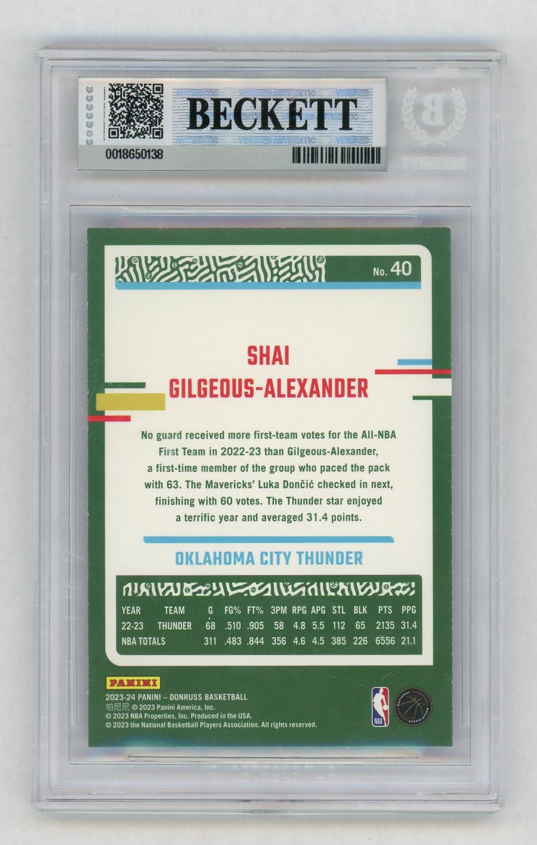 2023 Donruss #40 Shai Gilgeous-Alexander Holo Green Laser BGS 9