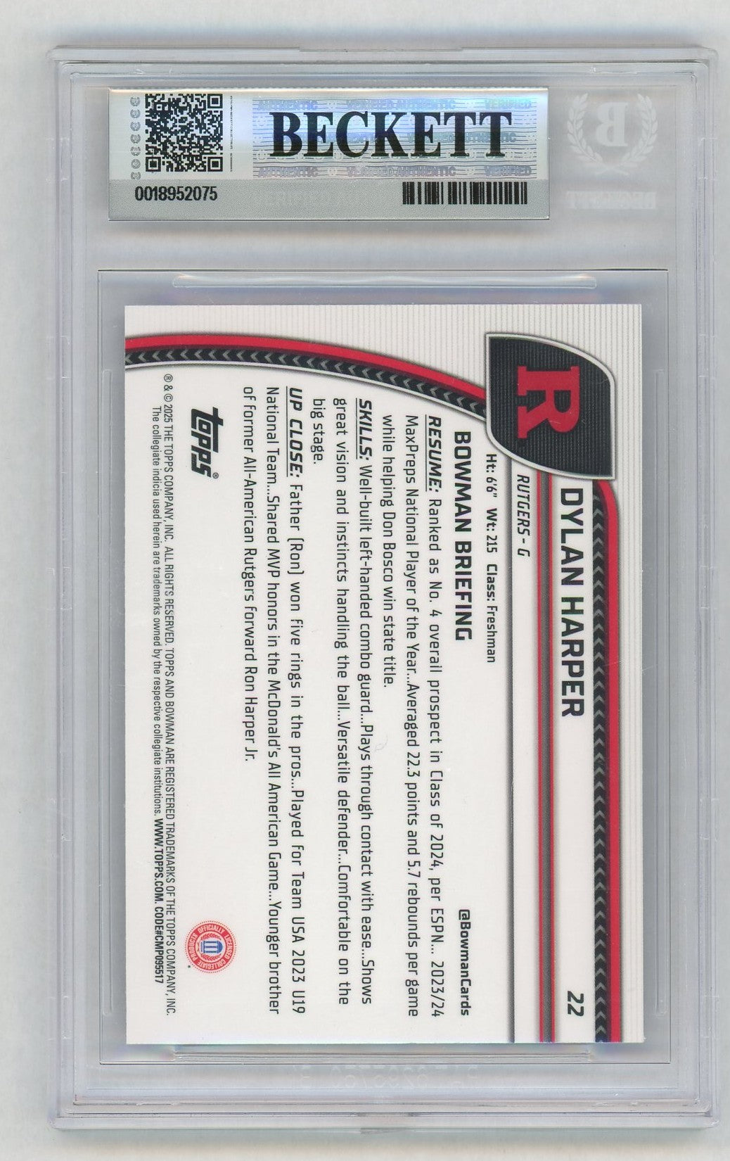 2024-25 Bowman Chrome #22 Dylan Harper 1st Rookie RC Purple Lava Refractor BGS 8.5
