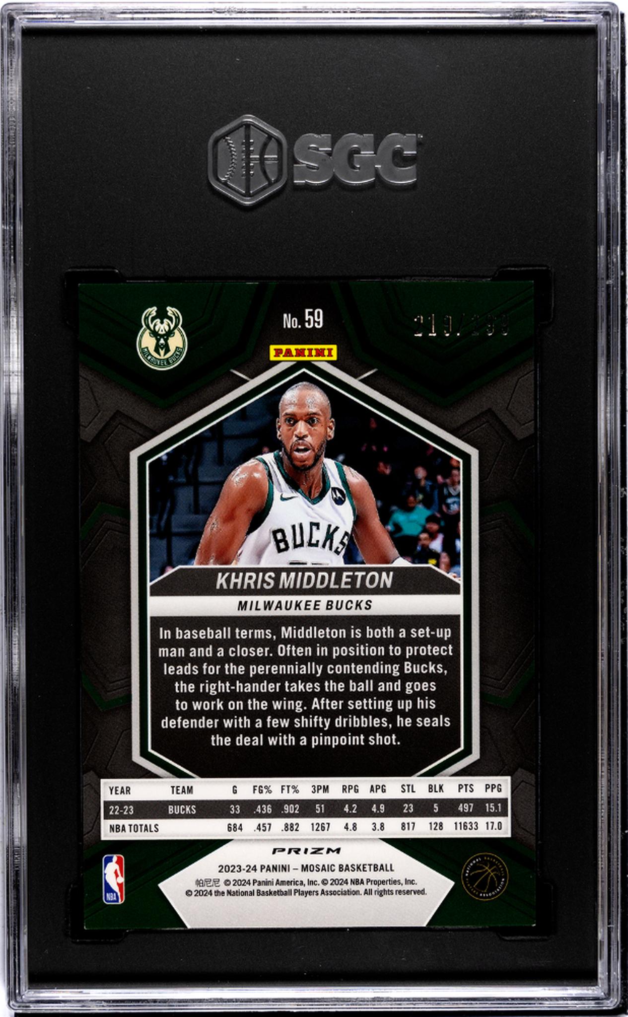 2023-24 Panini Mosaic #59 Khris Middleton Red Seismic Prizm 219/299 SGC 9.5