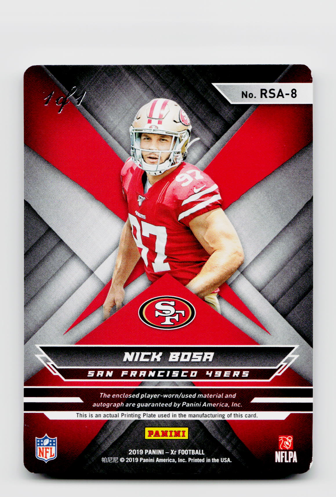2019 Panini XR #RSA-8 Nick Bosa Printing Plate Patch Auto 1/1