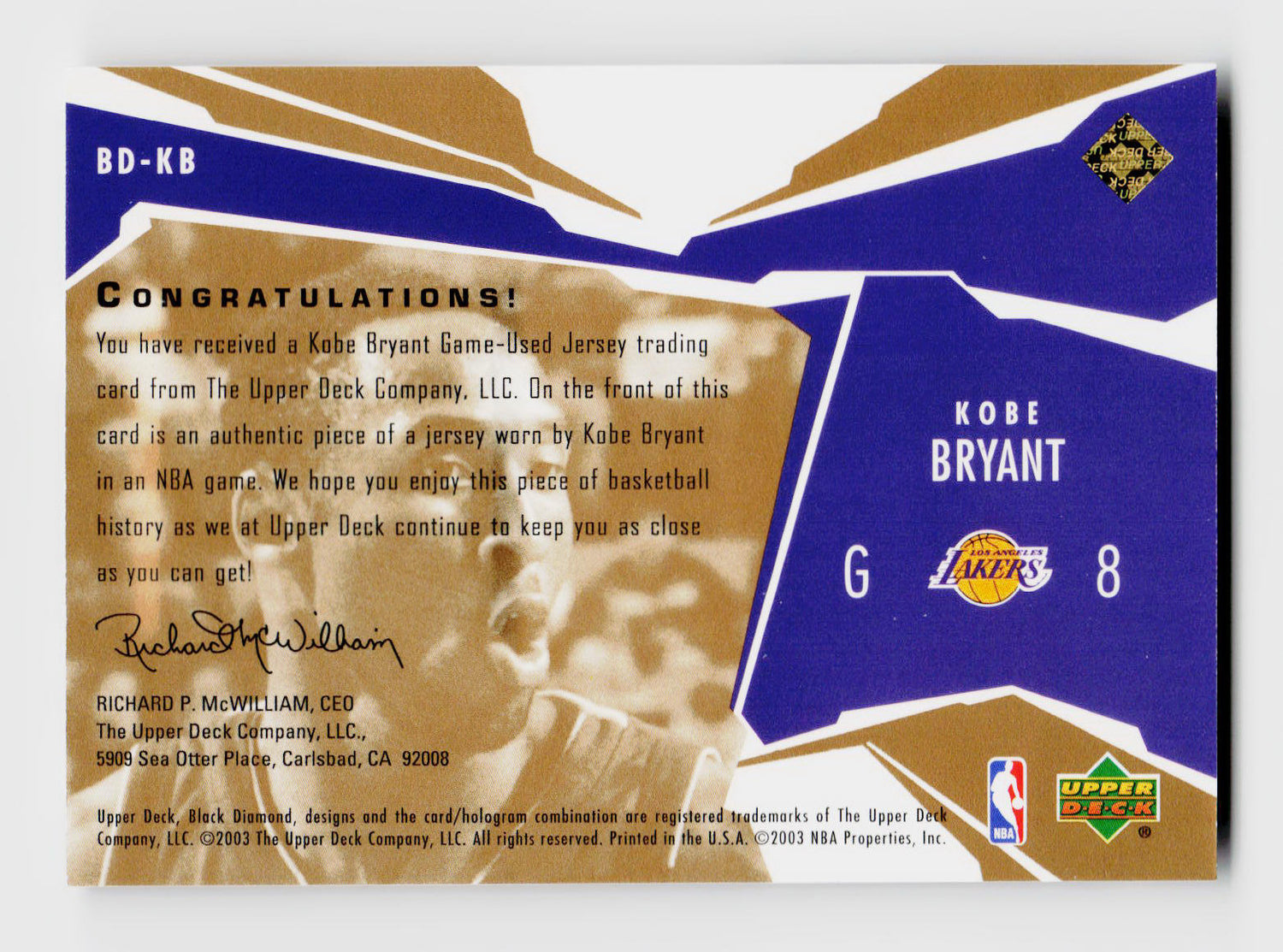 2003 Black Diamond #BD-KB Kobe Bryant Game-Used Jersey Patch /100