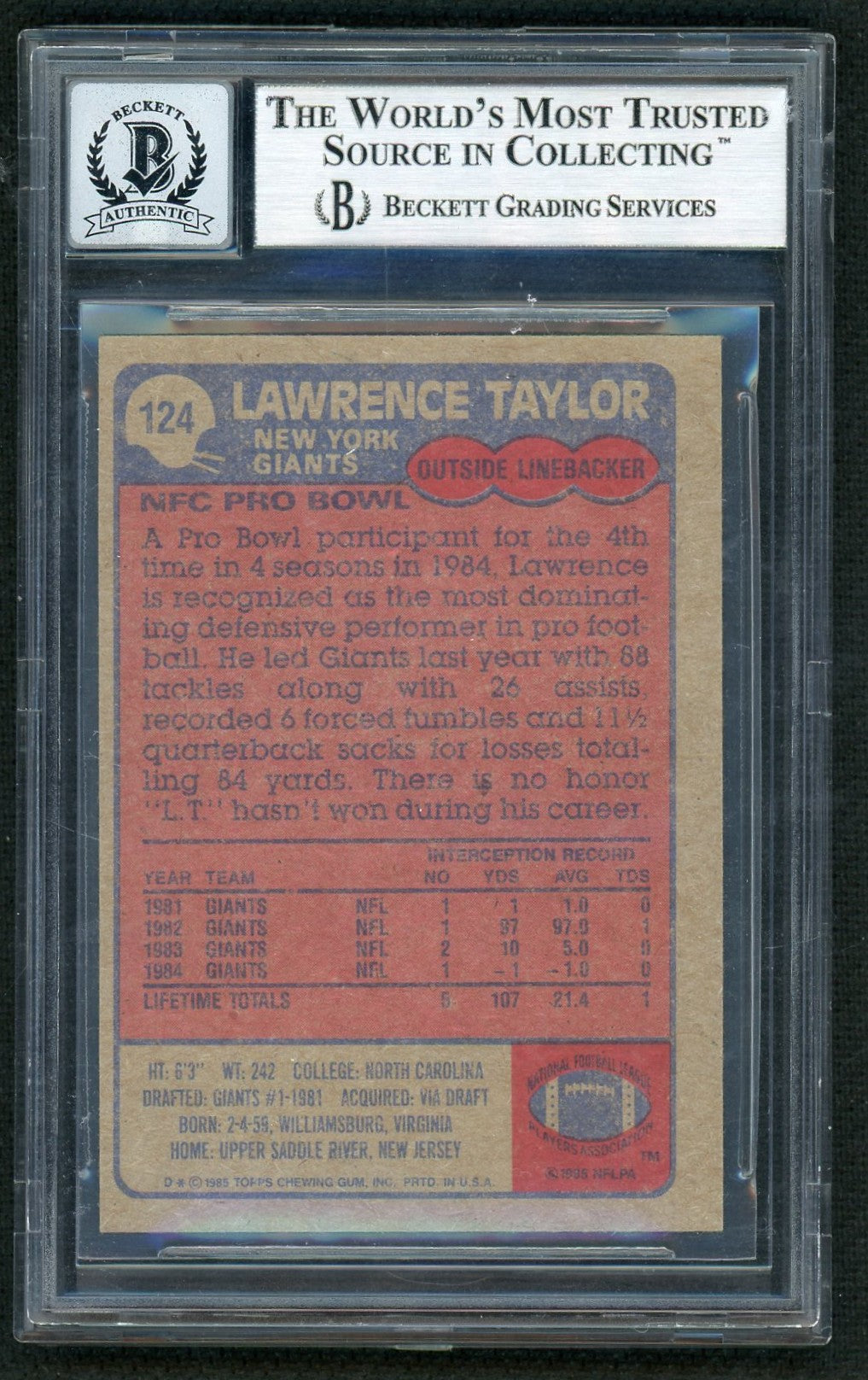1985 Topps #124 Lawrence Taylor In-Person Auto BGS Authentic Auto Grade 10