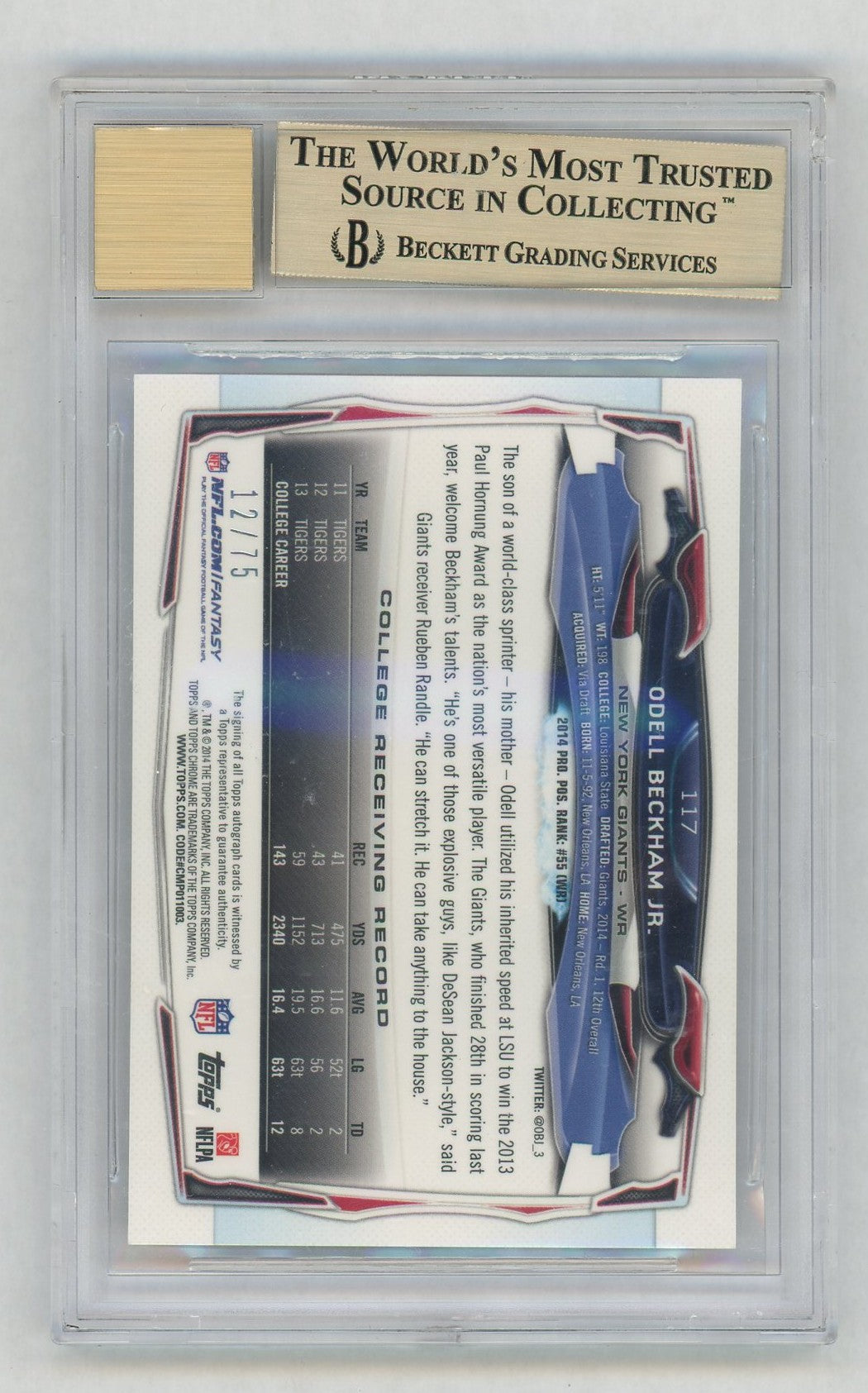 2014 Topps Chrome #117 Odell Beckham Jr. Rookie RC Variation Auto /75 BGS 9.5