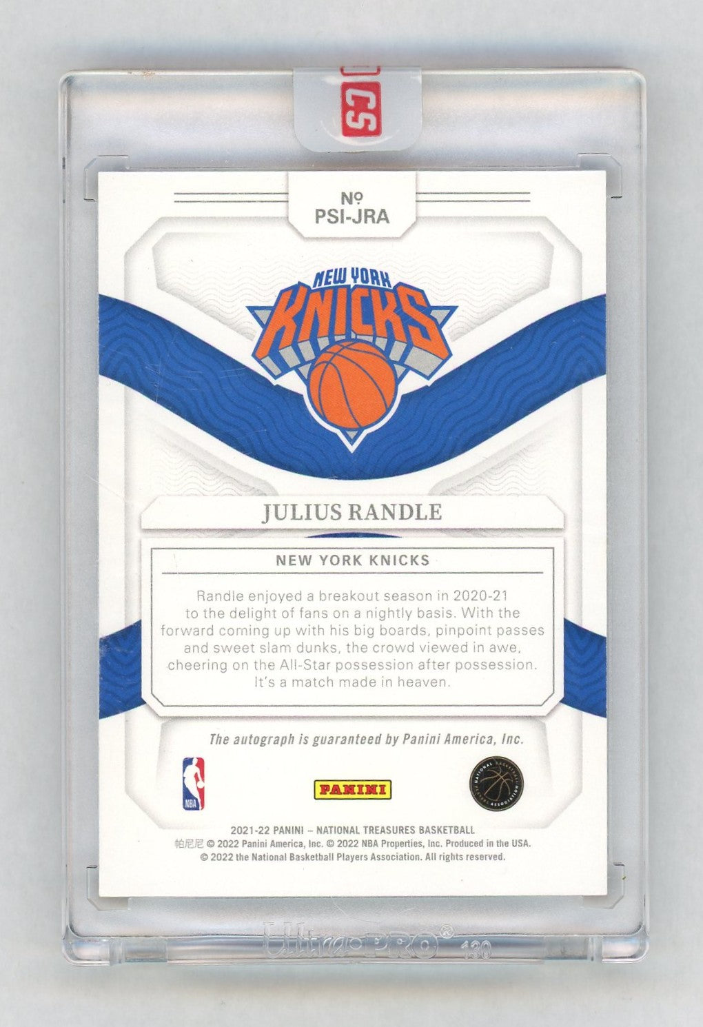 2021-22 National Treasures #PSI-JRA Julius Randle Peerless Auto /25
