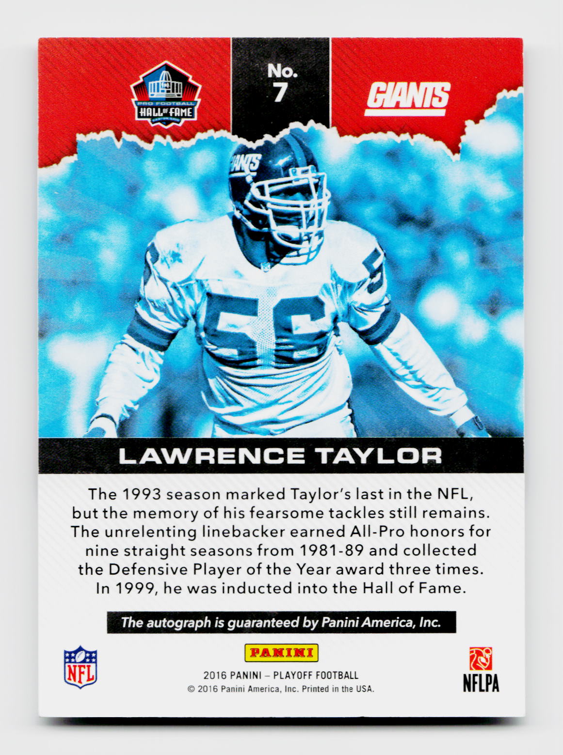 2016 Panini Playoff #7 Lawrence Taylor Autograph /10 New York Giants