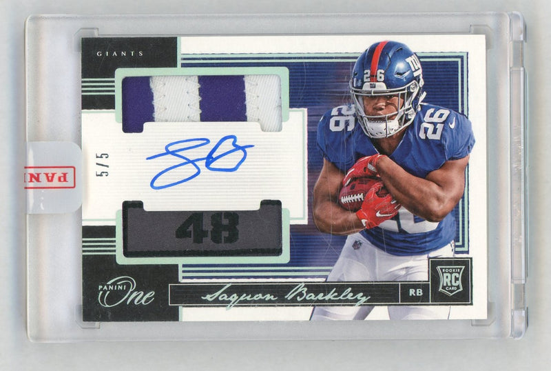 2018 Panini One #55 Saquon Barkley Rookie RC Dual Player-Worn Laundry Tag Patch Auto SSP /5