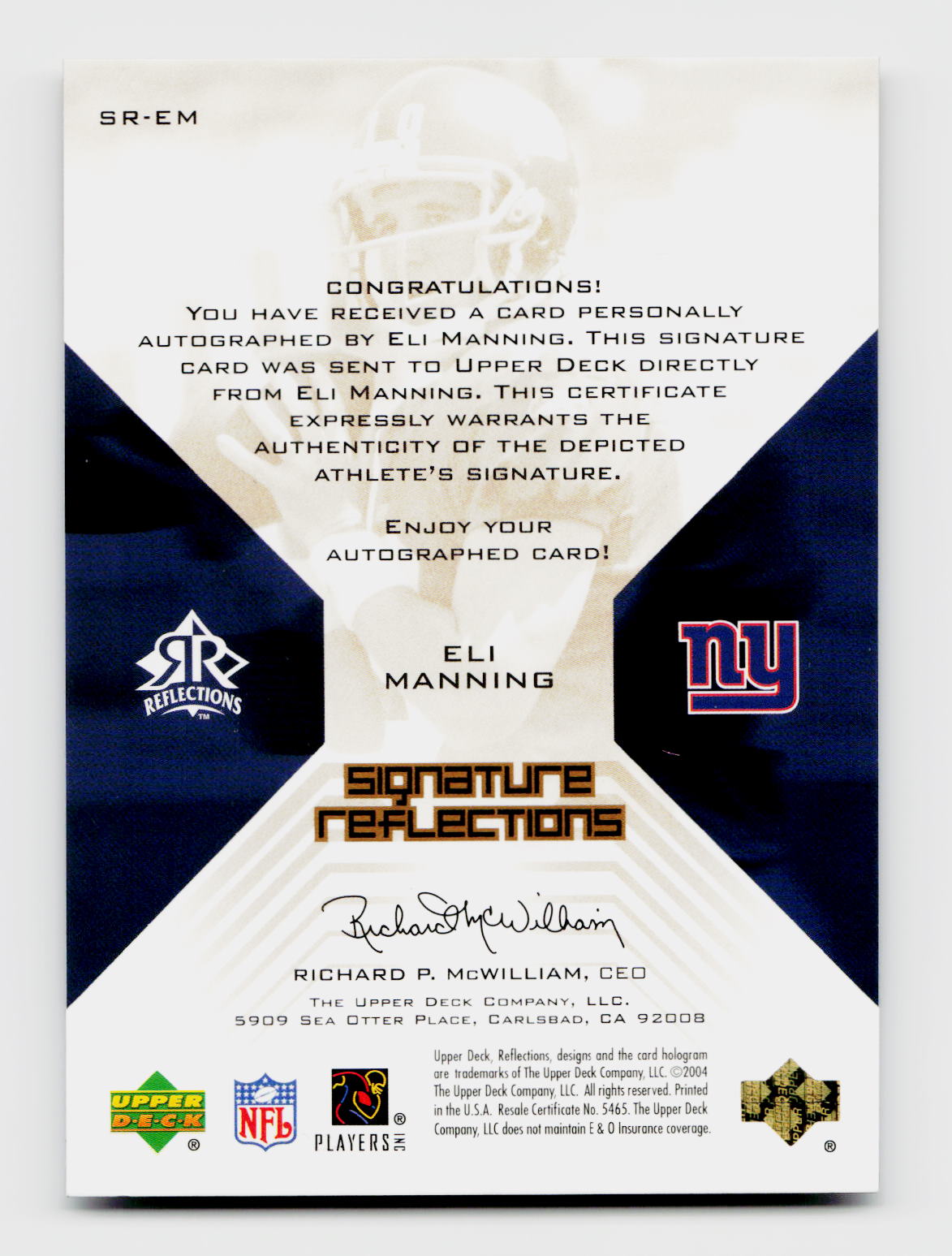 2004 Upper Deck Reflections #SR-EM Eli Manning Auto