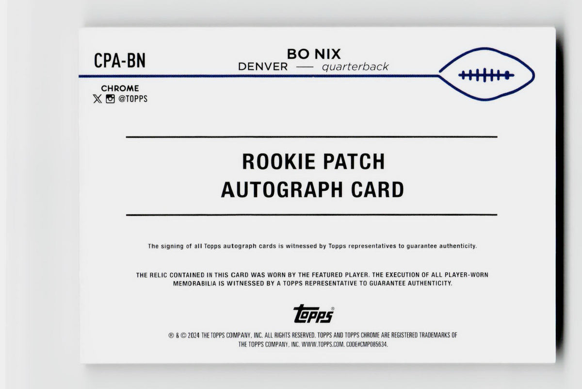 2024 Topps Chrome #CPA-BN Bo Nix Gold Game Worn Patch Auto /50 Rookie
