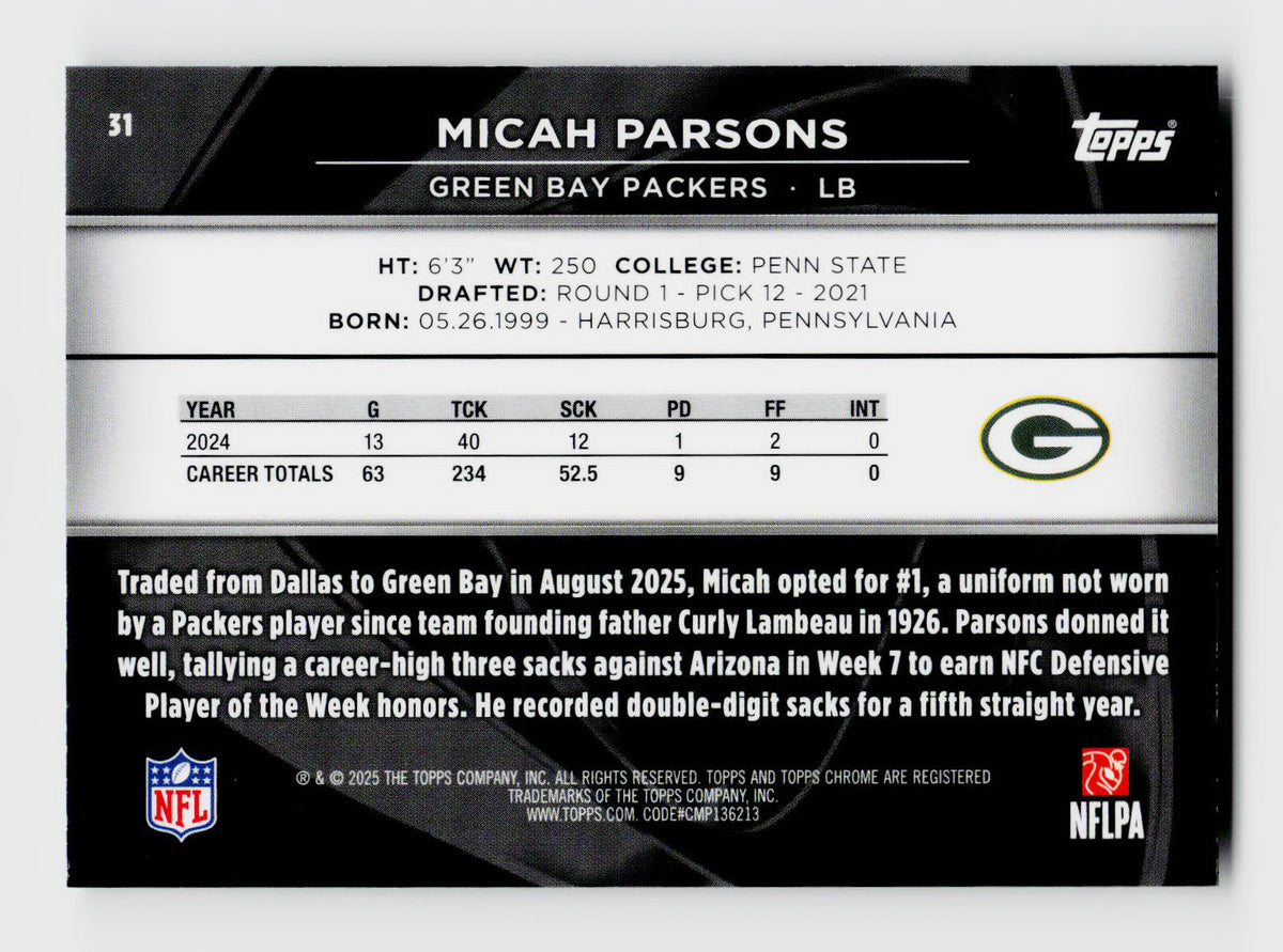 2025 Topps Chrome Black #31 Micah Parsons Green /99