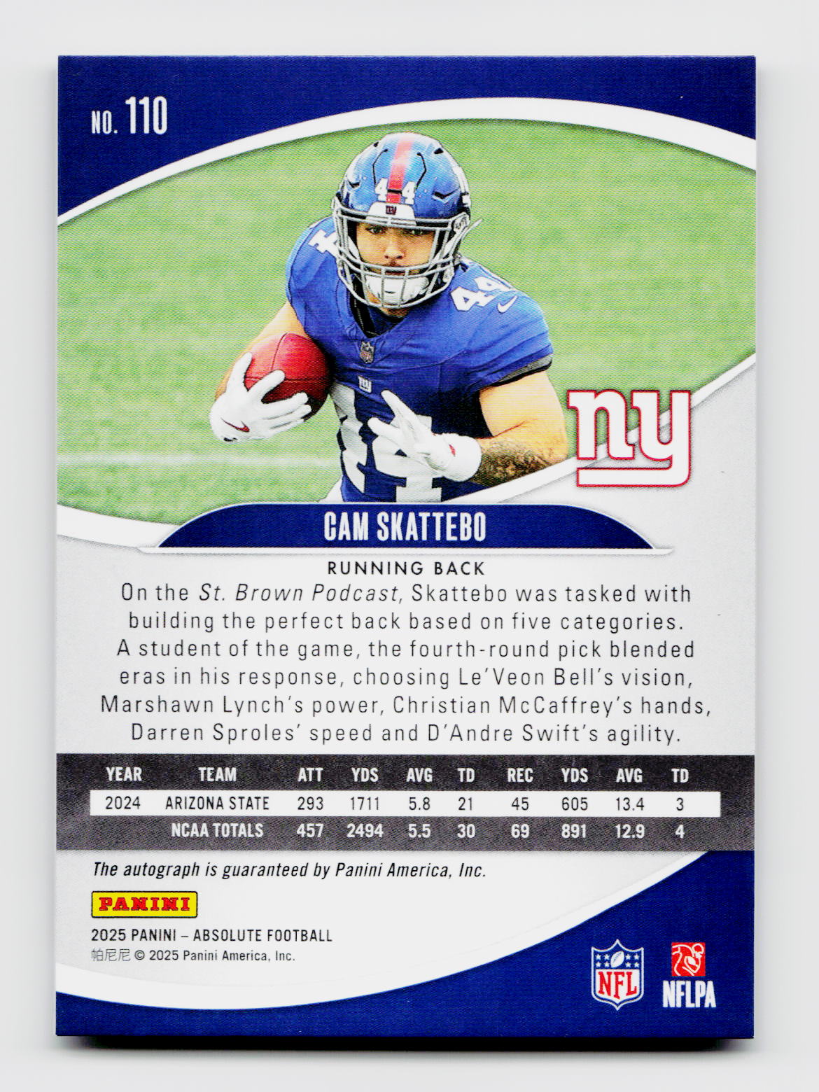 2025 Panin Absolute #110 Cam Skattebo Red White Blue Rookie Auto /100