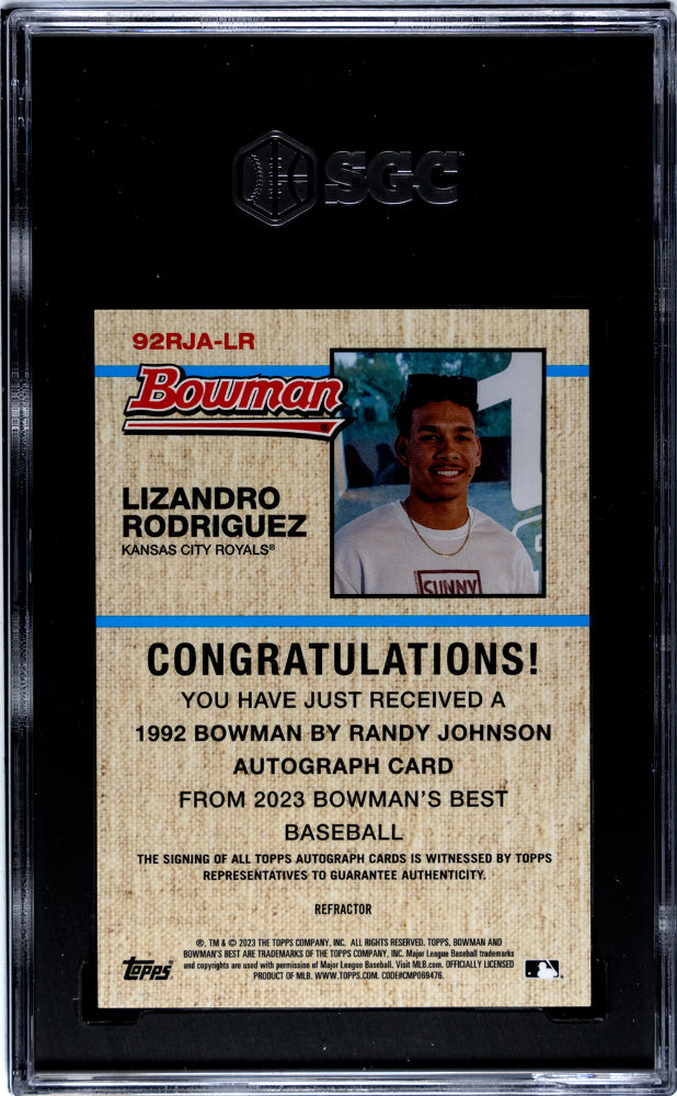 2023 Bowman's Best #92RJA-LR Lizandro Rodriguez '92 Bowman By Randy Johnson Auto. 86/250 SGC 9.5
